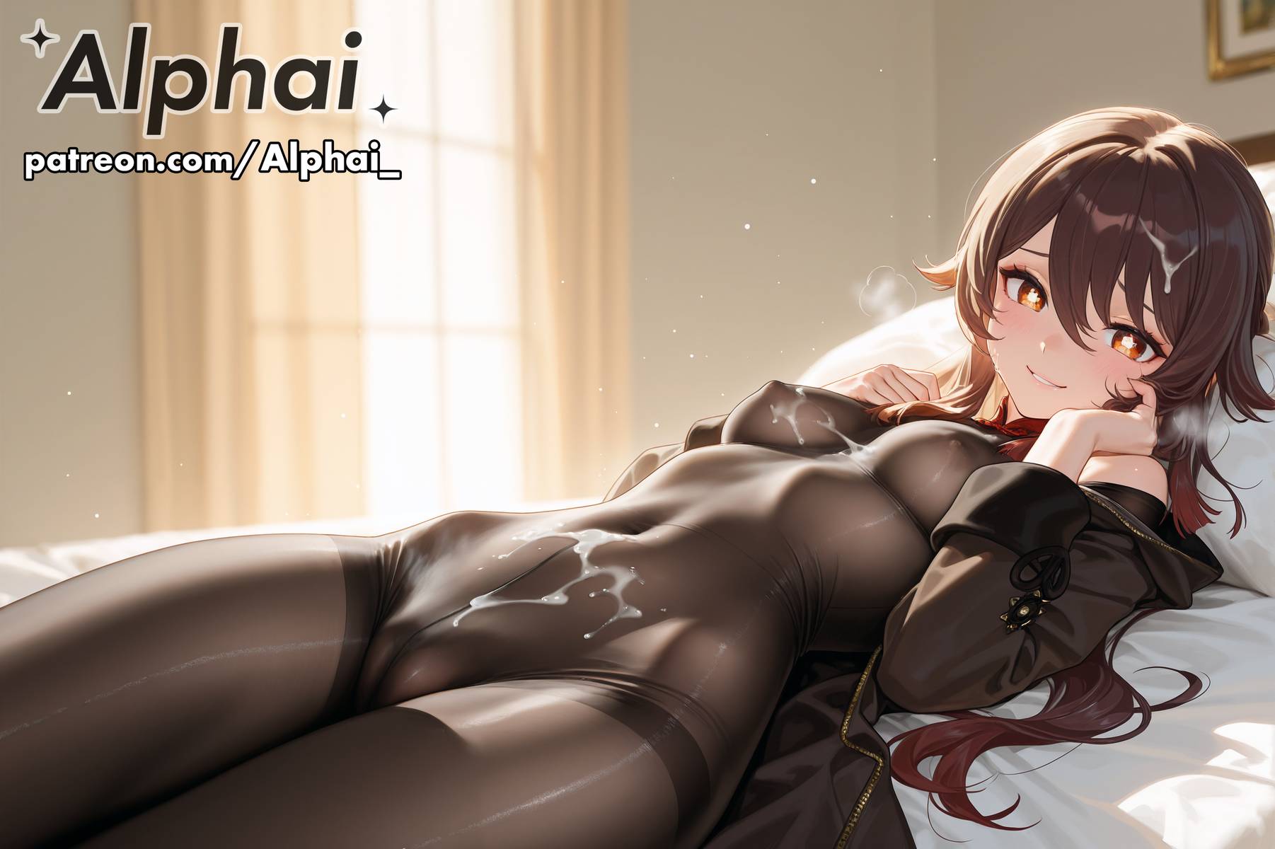 1girl, 2025, 2026, 4k, absurd res, absurdres, ai, ai art, ai assisted, ai generated, ai-created, ai-generated, alphai, blushing, bodystocking, breasts out, brown hair, cameltoe, cinematic lighting, close-up, colorful background, cum covered, cum in hair, cum on face, cute, depth of field, detailed hair, detailed skin, detailled background, dramatic shadows, eyelashes, eyeliner, female, female face, female only, flower-shaped pupils, genshin impact, heavy blush, heavy breathing, high quality, high resolution, highres, hoyoverse, hu tao (genshin impact), in heat, long hair, mihoyo, naughty face, navel, nipples, nude, off shoulder, on back, particles, patreon, patreon link, patreon url, patreon username, raised eyebrows, seductive eyes, sexy, skindentation, small breasts, solo, solo female, stomach, thighs, unzipped bodysuit, volumetric lighting, watermark