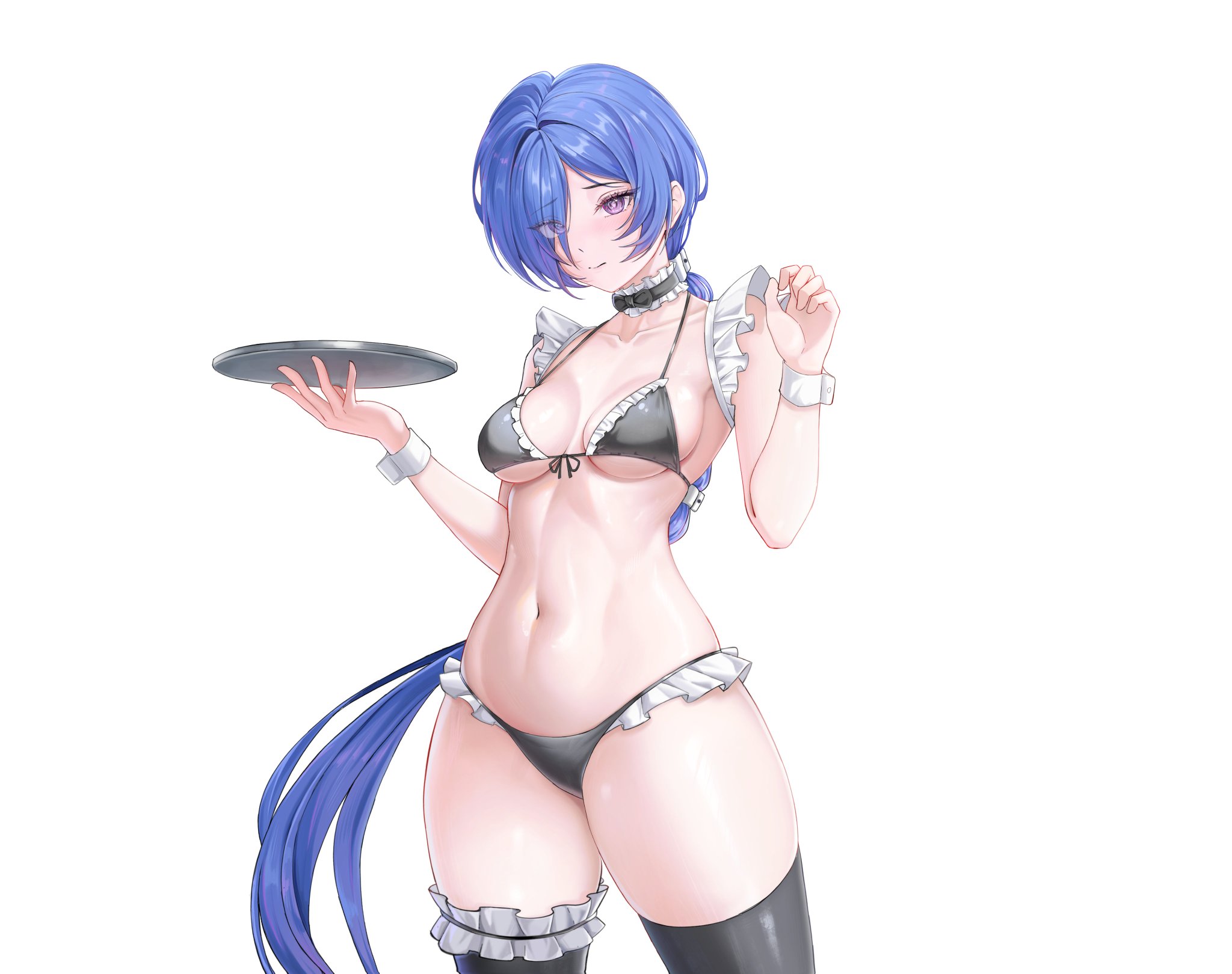 1girls, alternate costume, bikini, blush, cleavage, female, female only, maid, maid bikini, maid uniform, promeia (zenless zone zero), revealing clothes, skimpy clothes, thighhighs, two piece, uniform, zenless zone zero