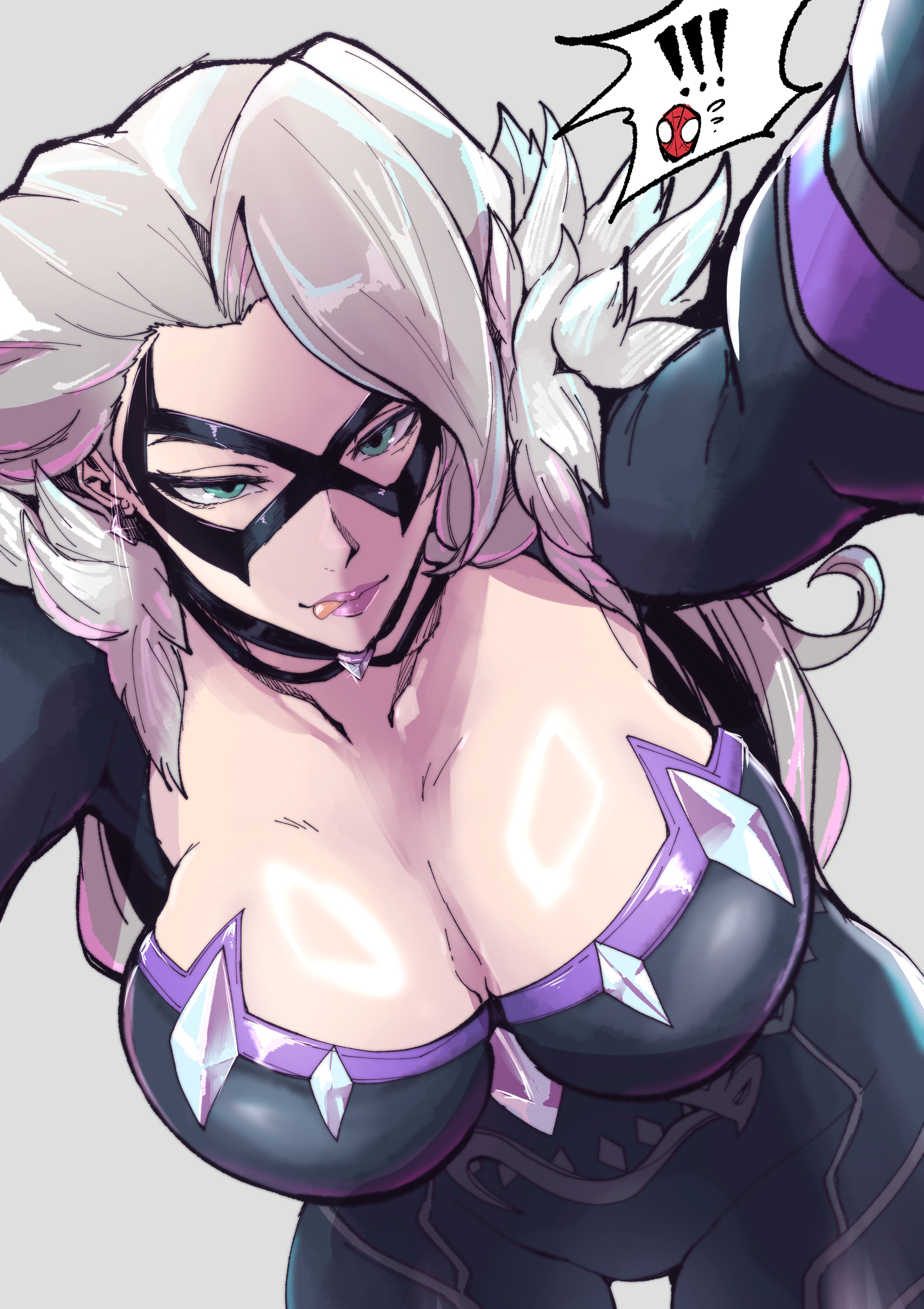 1boy, 1girls, 2026, 2d, 2d (artwork), alluring, beautiful woman, big breasts, black cat (marvel rivals), black cat (marvel), bodysuit, breasts, bursting breasts, choker, cleavage, collar, comic hand, curvaceous, curvaceous body, curvaceous female, curvaceous figure, curvy, curvy body, curvy female, curvy figure, domino mask, earrings, enticing, eyemask, felicia hardy, female, green eyes, huge breasts, large breasts, light skin, light-skinned female, looking at partner, looking at viewer, male, marvel, marvel comics, marvel rivals, mask, masked, masked female, masked male, massive breasts, mature woman, peter parker, purple lipstick, seducing, seductive, seductive look, seductive pose, shiny, shiny breasts, shiny skin, skin tight, solo, spider-man, spider-man (series), superhero, superheroine, teasing, teasing partner, teasing viewer, temptation, tempting, tempting viewer, thick breasts, tight clothes, tight clothing, tongue, tongue out, voluptuous, voluptuous female, white fur, white hair