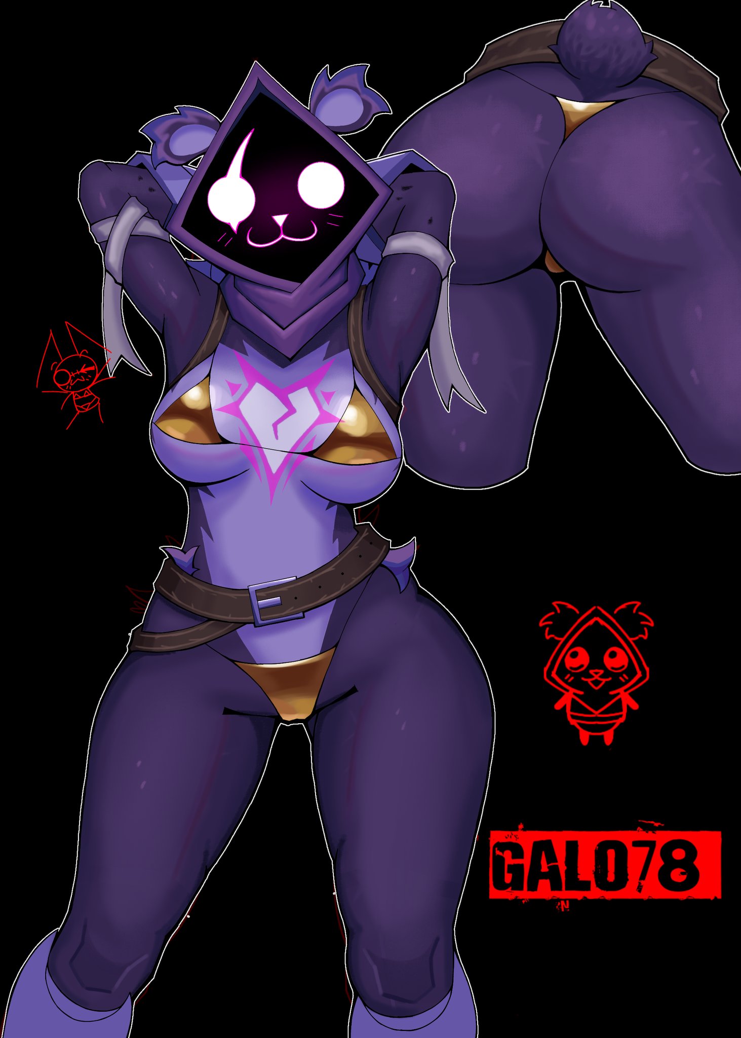 :3, 1female, 1girls, 2d, animal ears, anthro, anthro female, anthro only, arms up, ass, bear, bear ears, bear tail, big ass, big breasts, bikini, bikini bottom, bikini top, black background, boobs, breasts, butt, cleavage, epic games, eye scar, facial scar, female, female anthro, female only, fortnite, fortnite: battle royale, fur, galo 78, golden bikini, hands behind head, legs apart, looking at viewer, presenting, purple body, purple fur, raven team leader, scar, scar across eye, short tail, simple background, skimpy bikini, solid color background, solo, solo anthro, solo female, standing, swimwear, tagme, tail, tits, two-piece swimsuit
