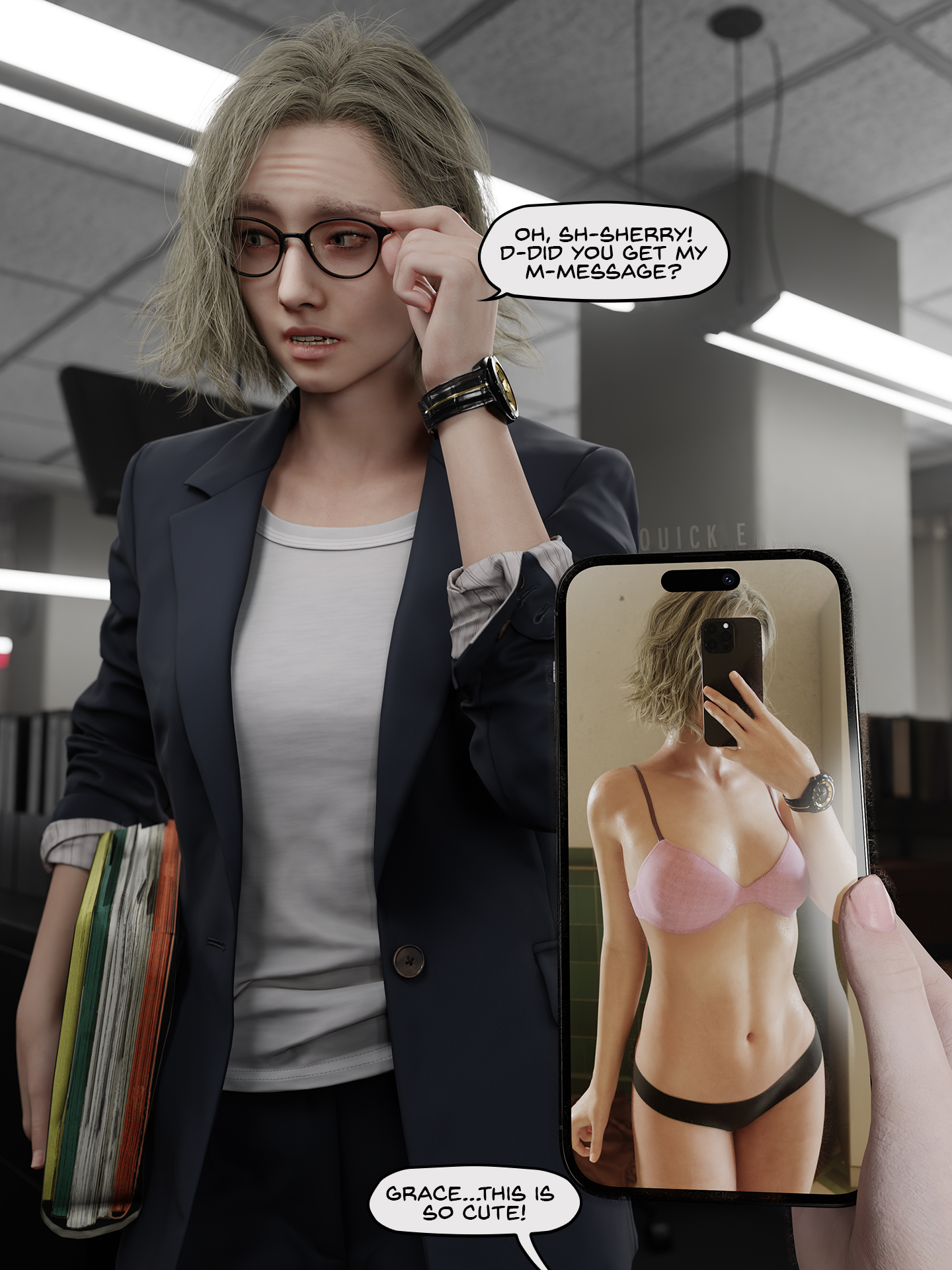 2girls, 3:4, 3d, 3d (artwork), 3d render, artist name, black panties, blazer, blender, blonde female, bra, capcom, dialogue, english commentary, english text, female, female only, female pov, female torso, glasses, grace ashcroft, grace ashcroft (fbi outfit), grace ashcroft (julia pratt), hi res, highres, indoors, looking away, mirror selfie, navel, office, office lady, panties, picture, pink bra, pov, quick e, resident evil, resident evil 9: requiem, sherry birkin, sherry birkin (bridgette haze), shy, text, text bubble, white shirt, yuri