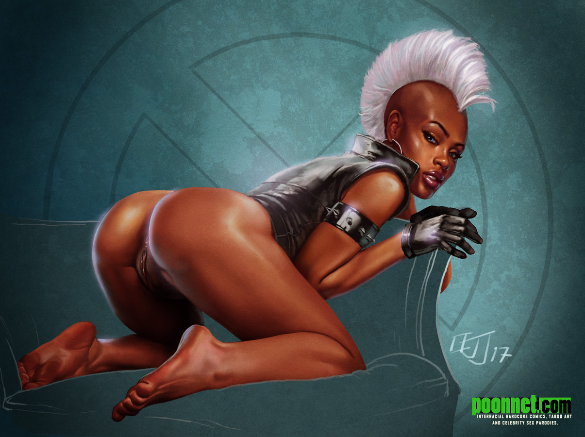 1girls, artist name, artist signature, ass, back turned, bending over, blue eyes, dark skin, dark-skinned female, feet, female, female only, gloves, kinkyjimmy, kneeling, legs, marvel, marvel comics, mohawk, ororo munroe, pussy, solo, storm (x-men), vagina, vest, white hair, x-men