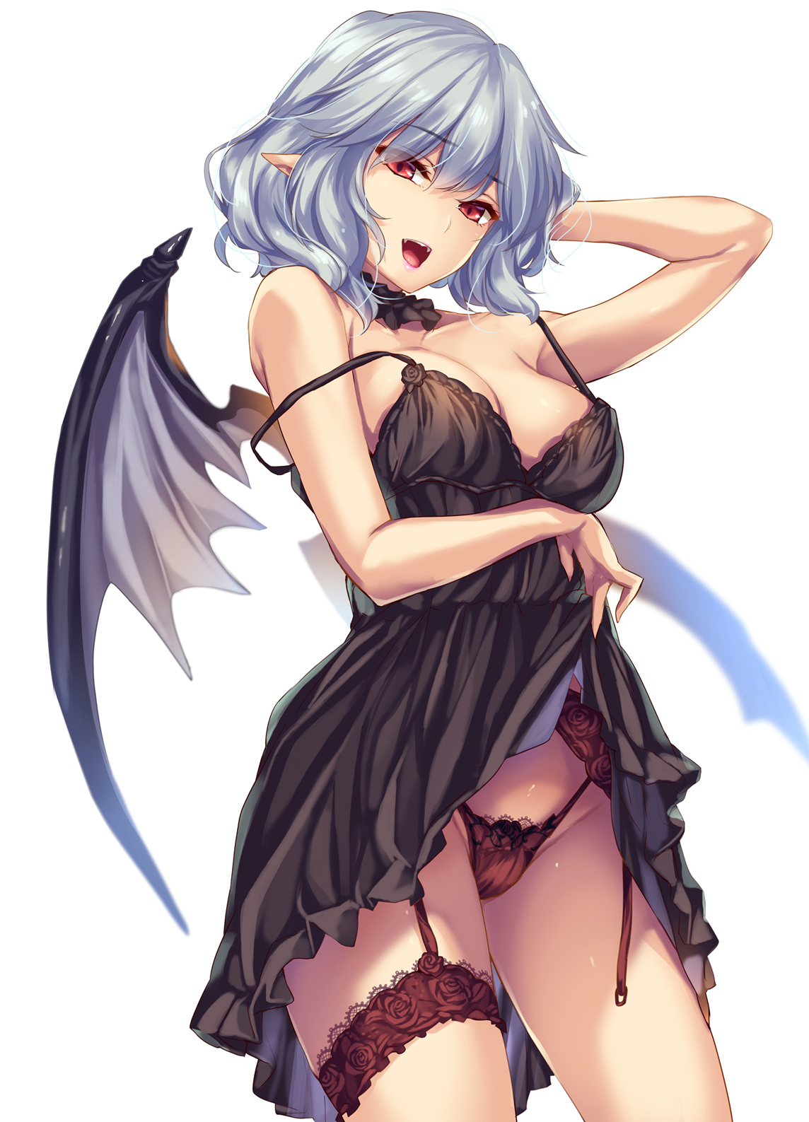 alternate costume, bat wings, female, lingerie, lips, moneti (daifuku), open mouth, panties, pointy ears, red eyes, red panties, remilia scarlet, silver hair, solo, touhou, underwear, wings