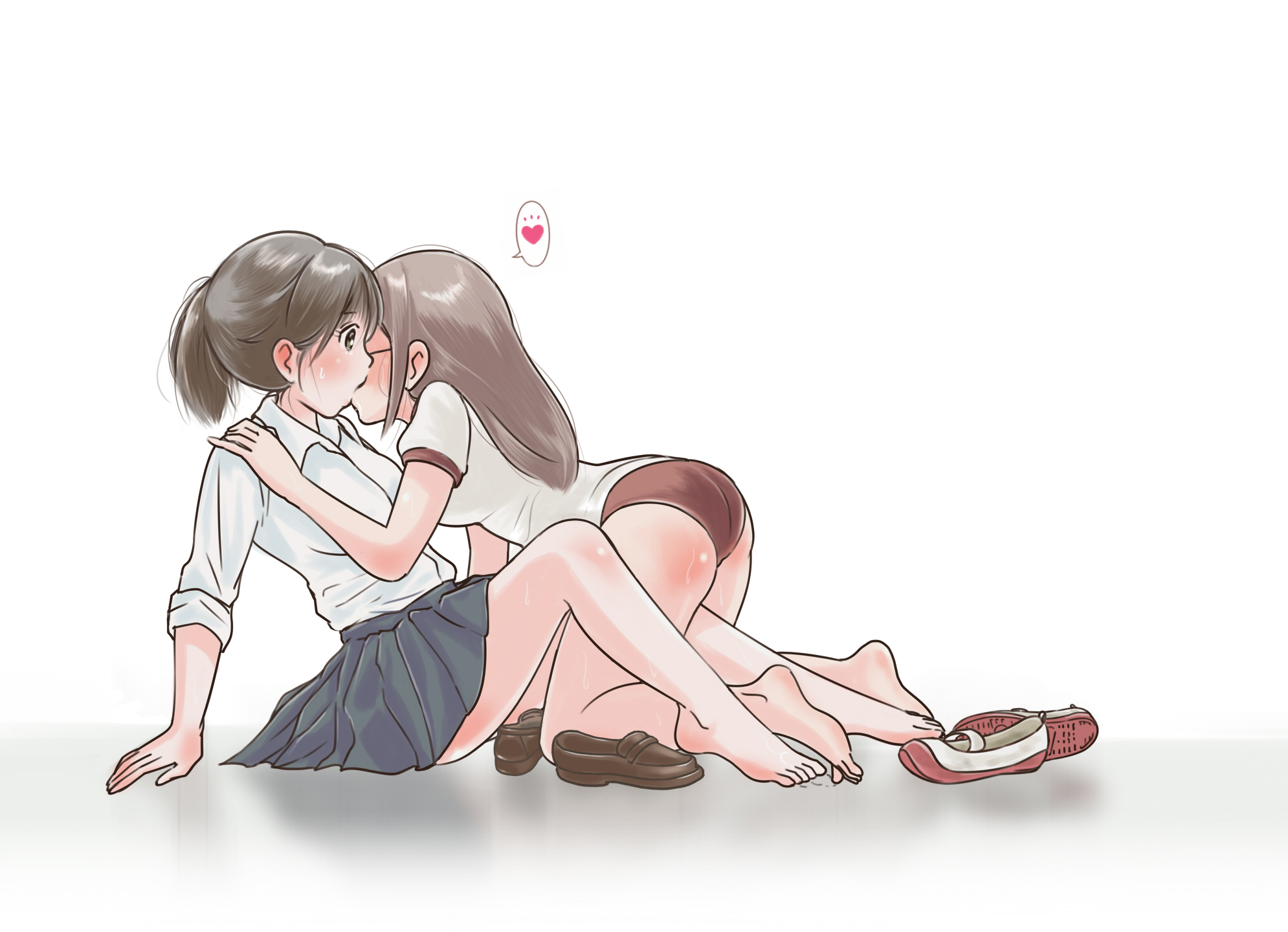 2girls, barefoot, blush, feet, female, glasses, gym uniform, kissing, multiple females, multiple girls, original character, poronpuu, school uniform, simple background, sweat, yuri