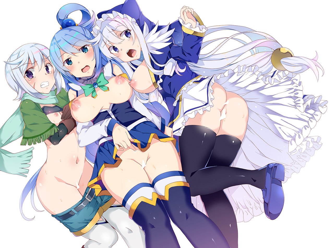 3girls, aqua (konosuba), ass, bar censor, bare shoulders, black legwear, blue dress, blue eyes, blue footwear, blue hair, blue legwear, blue shorts, blush, boots, breasts, brown gloves, censored, chris (konosuba), clenched teeth, commentary request, detached sleeves, dress, dual persona, eris (konosuba), eyebrows visible through hair, female, female only, frills, gloves, habit, hair between eyes, hair ornament, heel boots, high heel boots, jewelry, kono subarashii sekai ni shukufuku wo!, large breasts, long hair, long sleeves, looking at viewer, multiple females, multiple girls, navel, nipples, no panties, pussy, shoes, short hair, shorts, silver hair, simple background, skirt, small breasts, spoilers, tanaka deshirittoru, tearing up, teeth, thigh boots, thighhigh boots, thighhighs, upper teeth, white background, white hair, white legwear, white skirt