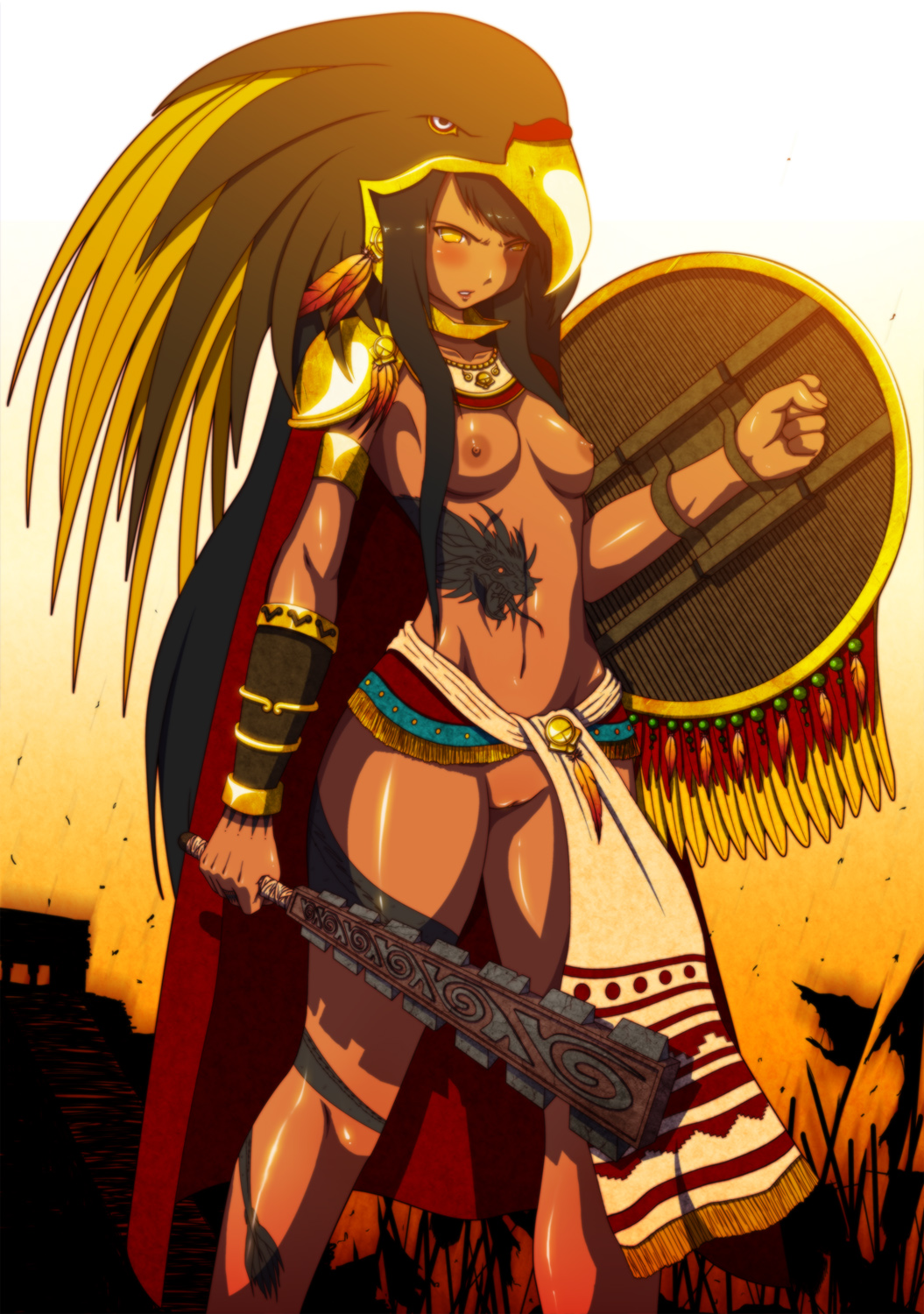 aztec big_breasts breasts dark_skin eagle erkerut female hairless_pussy innie_pussy long_hair mesoamerican original original_character pussy tattoo traditional_clothes warrior