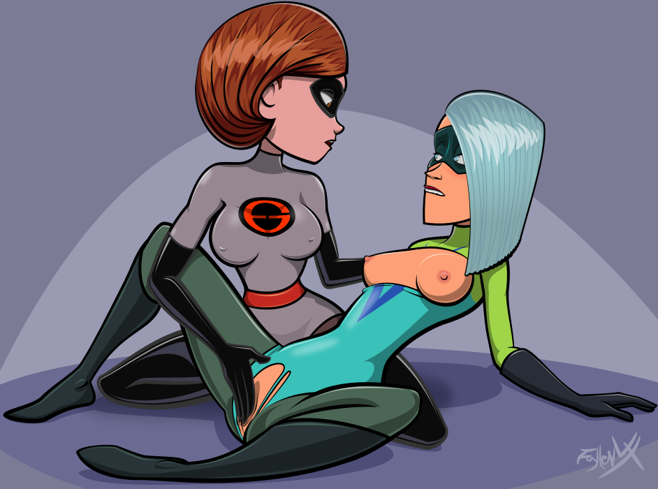 2girls alternate_costume blue_hair bodysuit boots breasts brown_eyes brown_hair clothed clothing disney elastigirl elastigirl_(the_incredibles_2_supersuit) fallen_vx gloves hazel_eyes helen_parr karen_fields mask multiple_girls nipples pixar smooth_skin suit superheroine the_incredibles the_incredibles_2 torn_bodysuit torn_clothes voyd_(the_incredibles) yuri