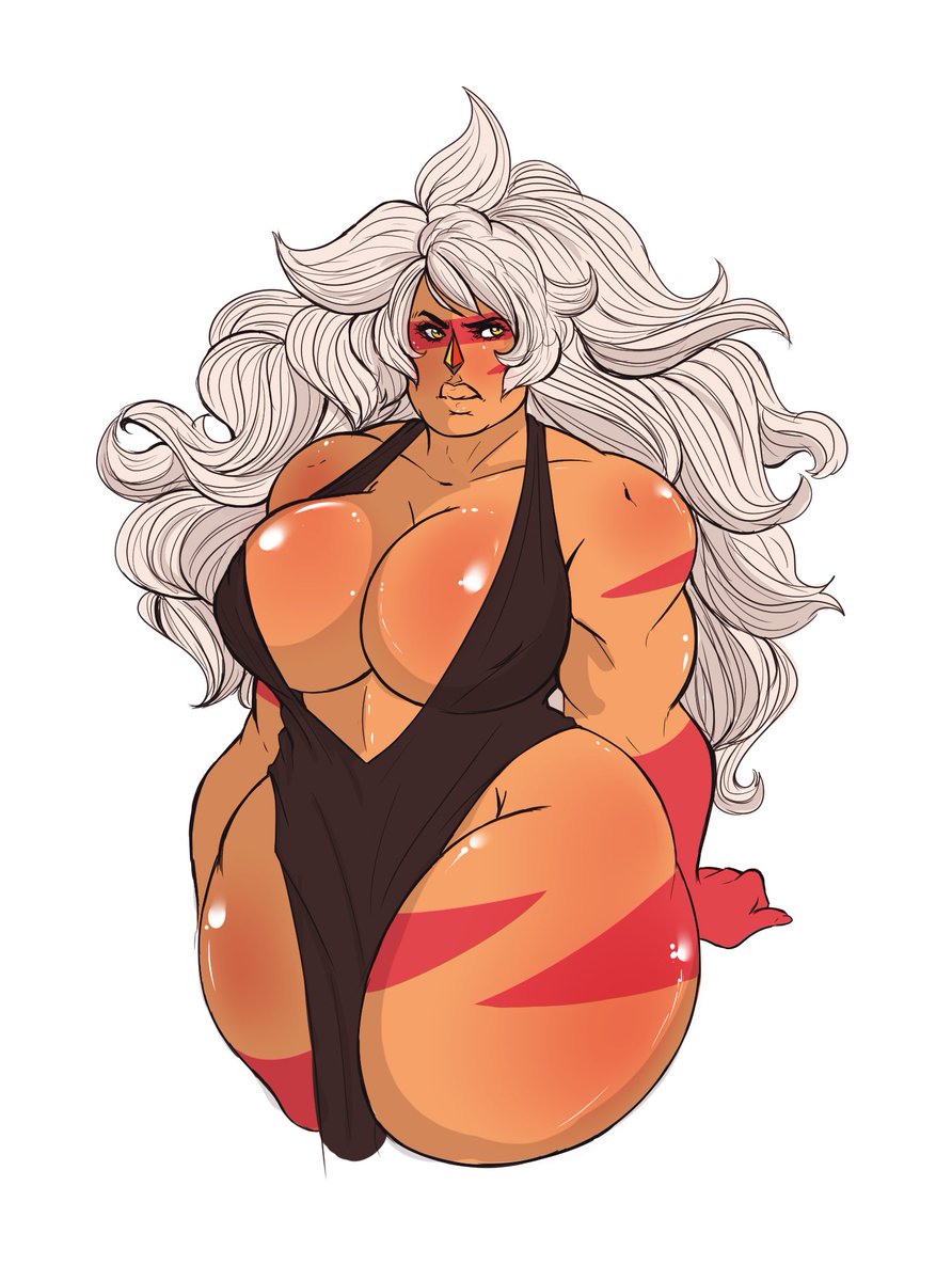 1girls alien big_breasts big_lips black_dress clothed female female_only gem_(species) jasper_(steven_universe) kikis_tavern long_hair looking_at_viewer muscular muscular_female orange_eyes orange_skin shiny_skin steven_universe thick_thighs white_hair wide_hips