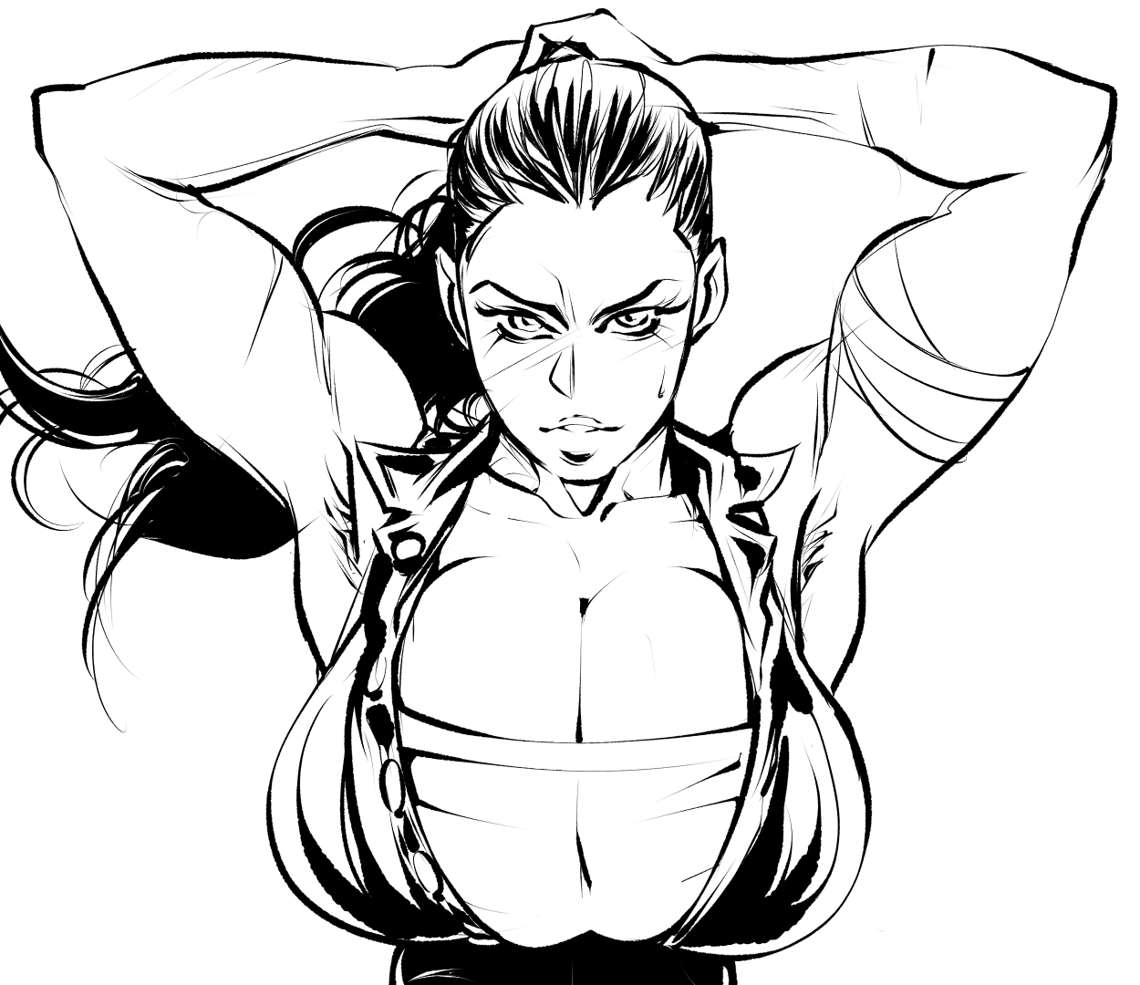 armpit hair, arms above head, balak, breasts, cleavage, female, female armpit hair, huge breasts, muscles, muscular, muscular female, ponytail