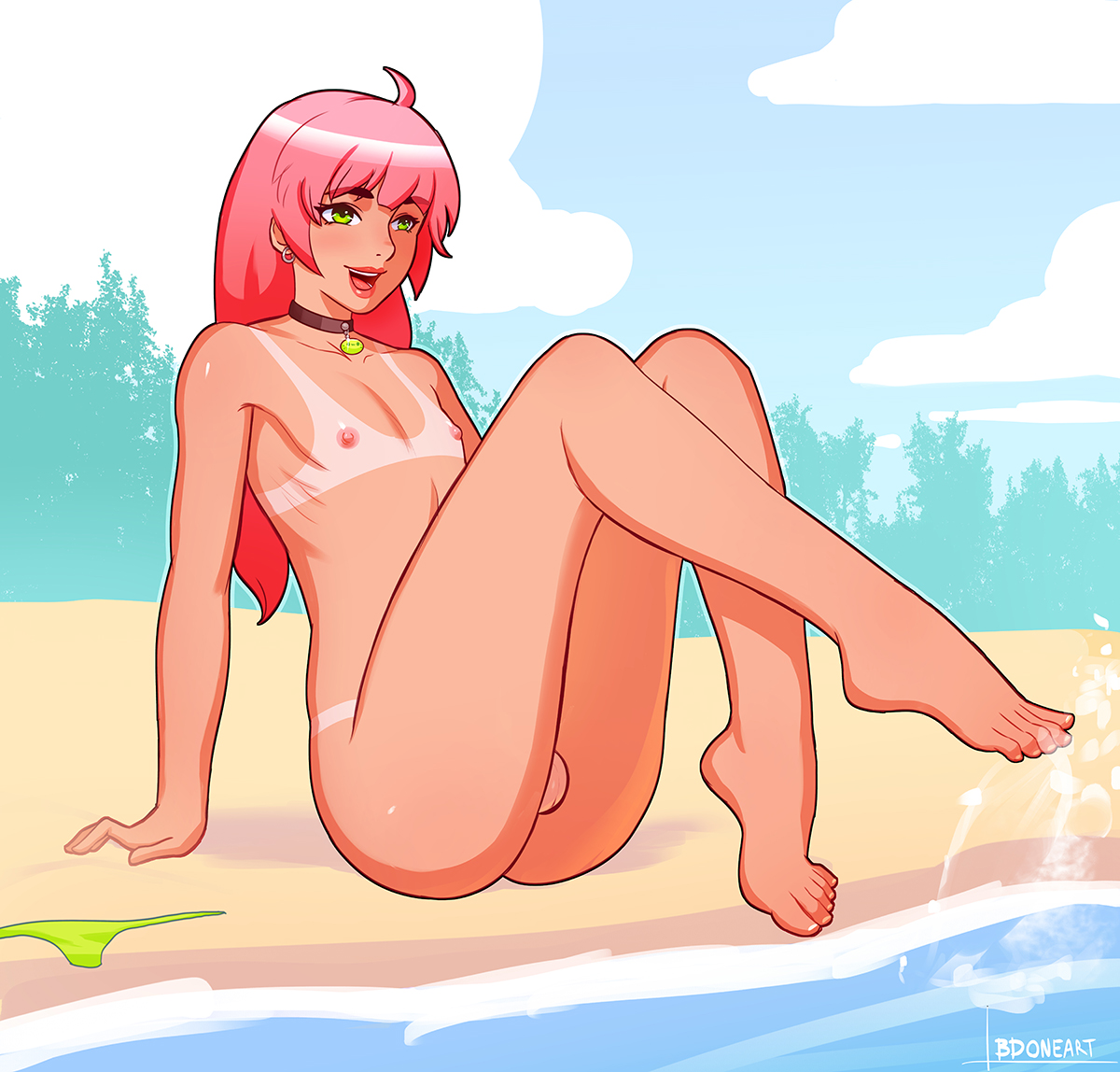 1boy, balls, barefoot, bdone, beach, bikini bottom removed, collar, elliot (bdone), feet, femboy, girly, green eyes, hair, long hair, male, male only, nipples, nude, pink hair, solo, tan, tanline, trap, water