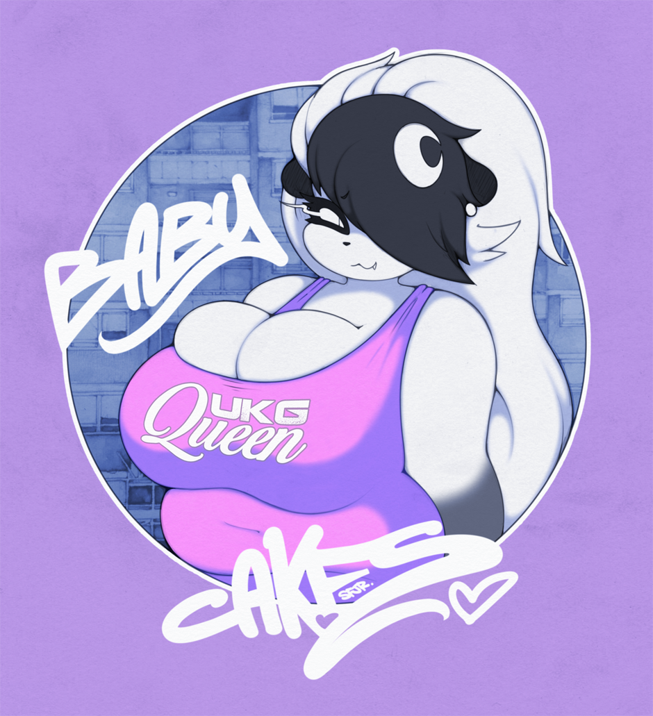 :3 anthro bear belly big_breasts breasts cleavage cleavage_overflow clothed clothing cute fangs female graffiti huge_breasts luna_paws makeup mammal overweight overweight_female panda slit_pupils smutbunny solo