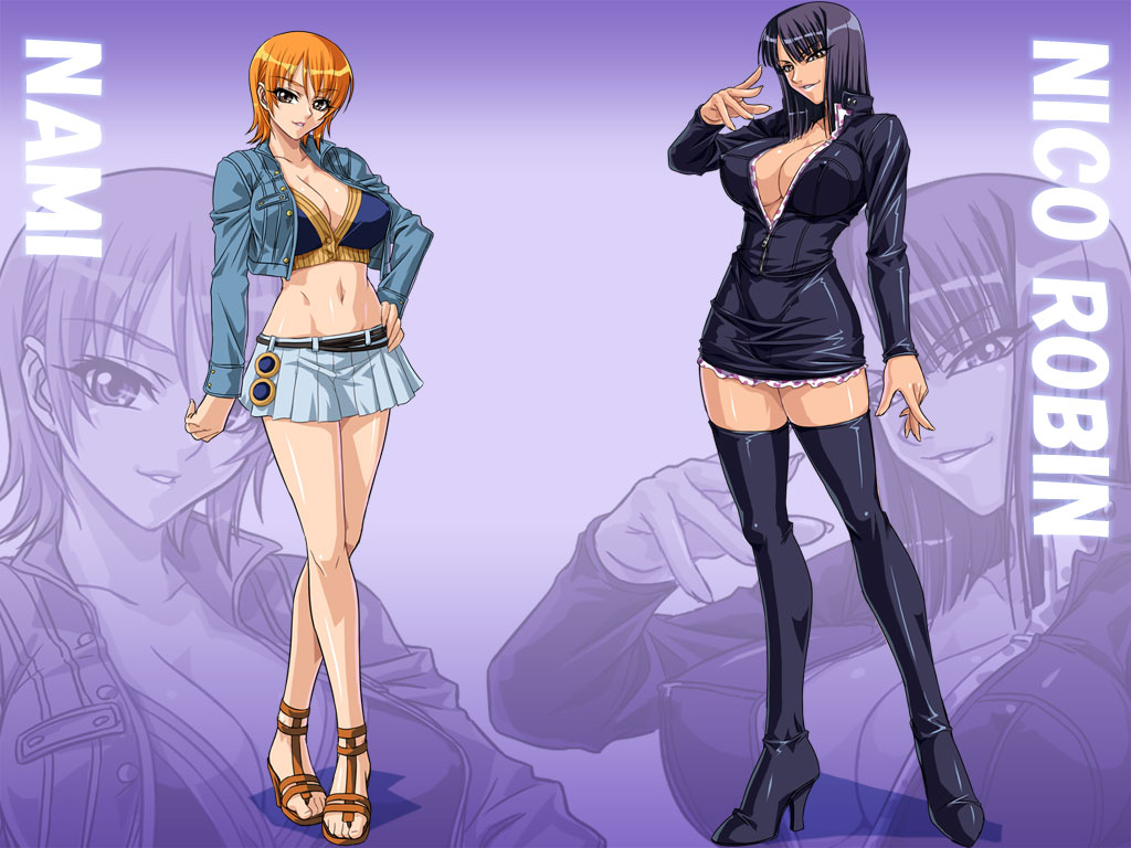 2girls, breasts, busty, female, female focus, female only, high heel boots, high heels, hourglass figure, kagami hirotaka, leather minidress, miniskirt, multiple females, multiple girls, nami (one piece), nico robin, one piece, open toe shoes, pleated skirt, pre-timeskip, skirt, tagme, water 7, wide hips