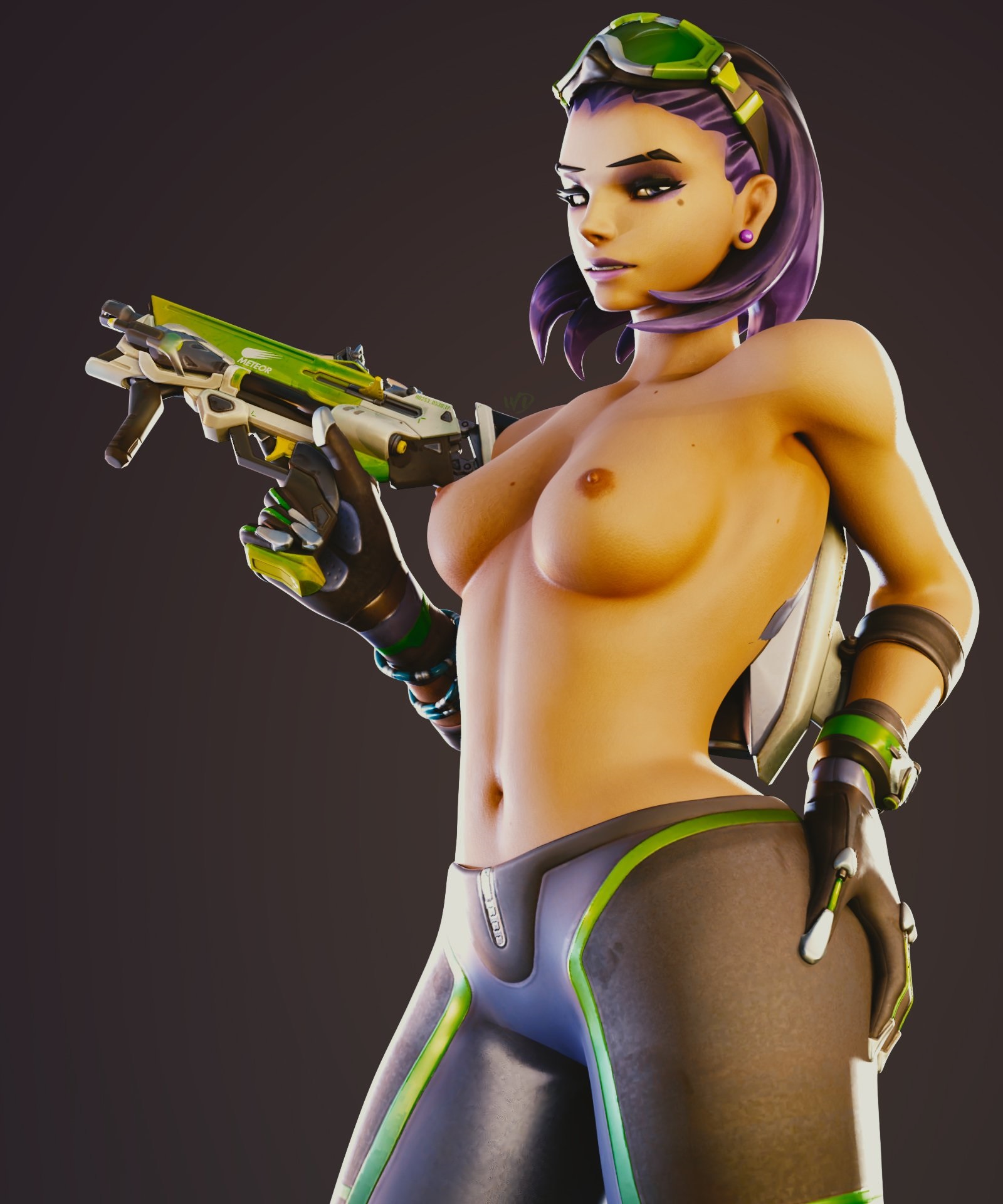 1girls, 3d, breasts, brown hair, dark skin, dark-skinned female, female, female focus, female only, overwatch, purple eyes, purple hair, solo, solo female, sombra, tulum sombra, wunder