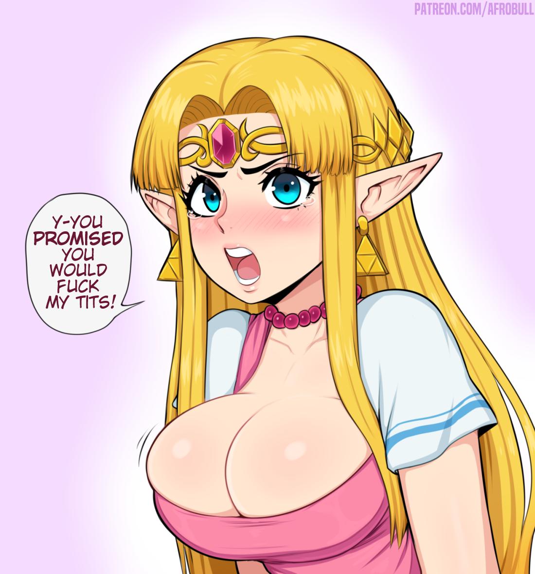 1girls, afrobull, angry, big breasts, blonde hair, blue eyes, blush, breasts, bursting breasts, cleavage, crying, dialogue, earring, earrings, female, female only, huge breasts, human, humanoid, light skin, long hair, nintendo, open mouth, paizuri invitation, pointy ears, princess zelda, solo, speech bubble, talking to viewer, tears, text, the legend of zelda, you promised you would fuck my tits, zelda (a link between worlds)