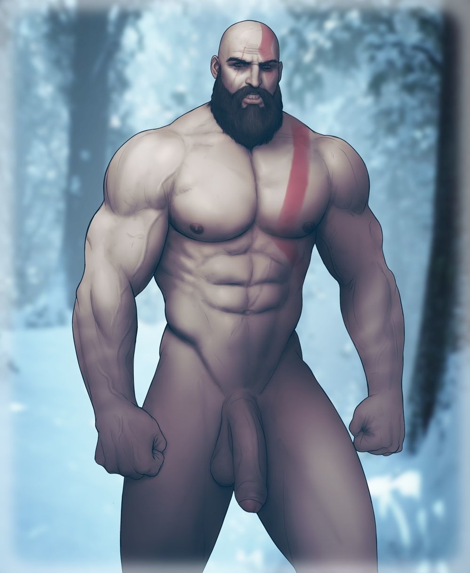 1boy, abs, bald, balls, beard, brown hair, dangling balls, dangling testicles, dark hair, deity, drawnpr0n, facial hair, facial scar, flaccid, foreskin, frown, god of war, kratos, looking at viewer, male, male only, muscular, nipples, nude, older male, pale skin, partially retracted foreskin, pecs, penis, retracted foreskin, scar, scars, solo, suggestive, tattoo, tattoos, testicles, uncircumcised, uncut, vascular, veiny penis, yellow eyes