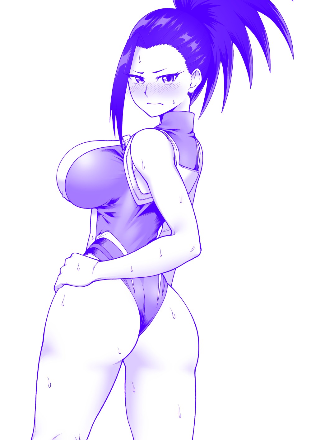 1girls, ass, big ass, blush, breasts, embarrassed, female, hero outfit (mha), human, human female, large breasts, leotard, light-skinned female, long hair, looking at viewer, looking back, momo yaoyorozu, momo yaoyorozu (hero outfit), my hero academia, open eyes, solo, superheroine, sweat, sweater