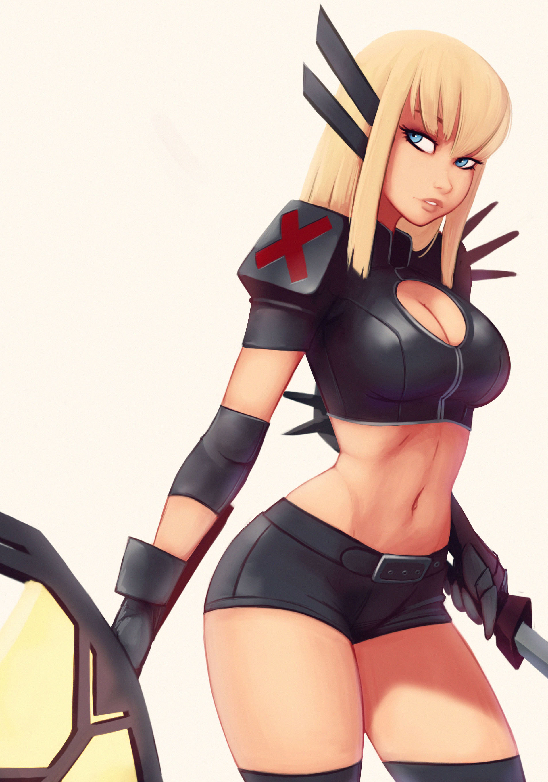 1girls, 2019, 2d, 2d (artwork), blonde hair, blue eyes, breasts, female, female only, large breasts, long hair, looking at viewer, looking away, magik (illyana rasputin), marvel, marvel comics, midriff, raichiyo33, sfw, solo, solo female, superheroine, sword, teenager, thighhighs, voluptuous, weapon, white background, x-men