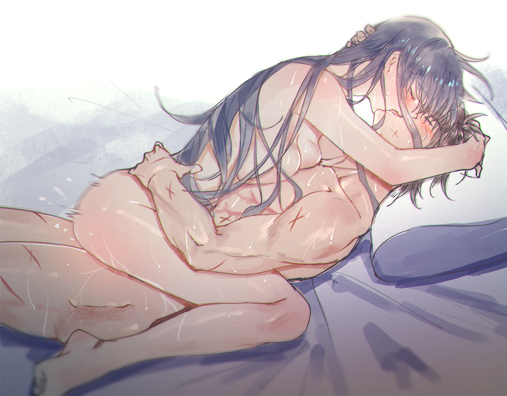 1boy barefoot bed_sheet blue_hair blush breast_press breasts chidori_kaname closed_eyes cowgirl_position eyebrows_visible_through_hair facial_scar female floating_hair french_kiss full_body full_metal_panic kissing long_hair lorein lying medium_breasts motion_lines on_back pillow sagara_sousuke scar scar_on_cheek sex shiny shiny_skin sideboob sketch straight very_long_hair