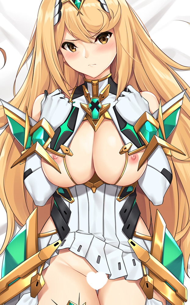 1girls, armpits, arms up, bangs, bare shoulders, bed sheet, blonde hair, blush, breastless clothes, breasts, censored, cleavage, commentary, commission, cuddly octopus, dakimakura, dakimakura design, dress, dress lift, elbow gloves, eyebrows visible through hair, female, frown, gem, gloves, hair between eyes, hair ornament, head tilt, headpiece, heart, heart censor, highleg, highleg leotard, jewelry, large breasts, leotard, long hair, looking at viewer, lying, mythra, nintendo, nipples, no panties, on back, pose, solo, swept bangs, thigh gap, thighhighs, tiara, tony guisado, v-shaped eyebrows, very long hair, wavy mouth, white dress, white gloves, white legwear, xenoblade (series), xenoblade chronicles 2, yellow eyes