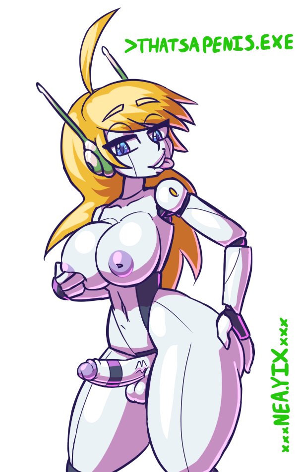 1futa alpha_channel android anthro balls big_breasts blonde_hair blue_eyes breasts cave_story curly_brace dickgirl erection futa_only futanari hair hand_on_butt humanoid_penis intersex inverted_nipples joints machine navel neayix nipples penis puffy_areola robot simple_background solo solo_futa text tongue tongue_out transparent_background video_games white_skin