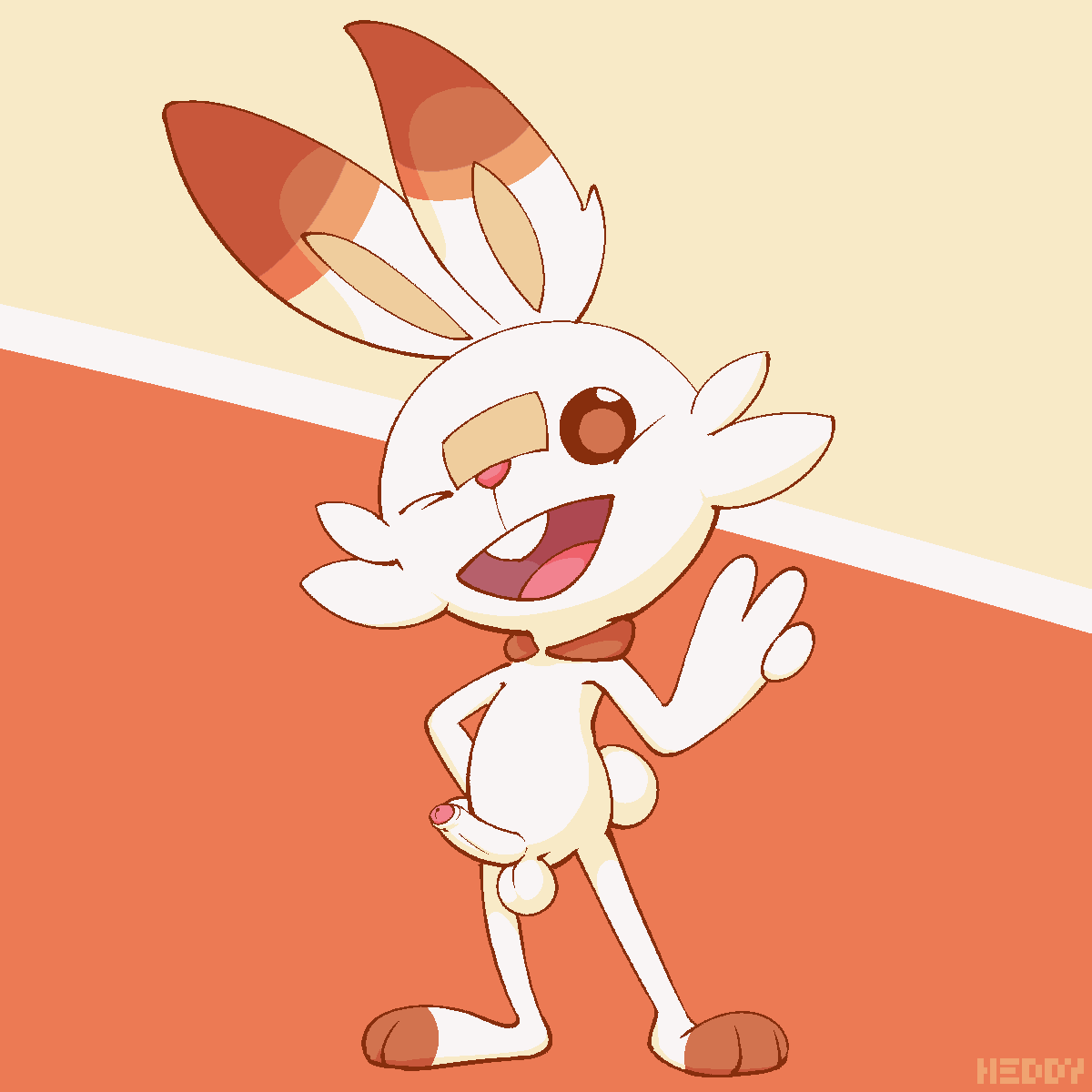 1boy buckteeth erection feral foreskin fur heddy humanoid_penis lagomorph looking_at_viewer male male_only mammal nintendo one_eye_closed open_mouth penis pokémon_(species) pokemon pokemon_ss scorbunny simple_background solo standing teeth testicles text v_sign video_games watermark