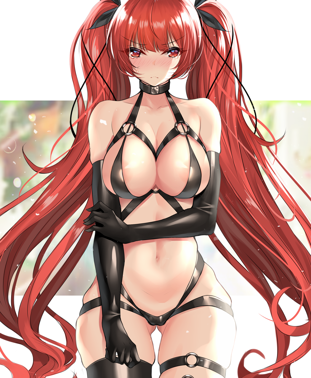 azur_lane big_breasts blush breasts cleavage eroge female female_only honolulu_(azur_lane) large_breasts looking_at_viewer red_hair solo thighhighs twintails