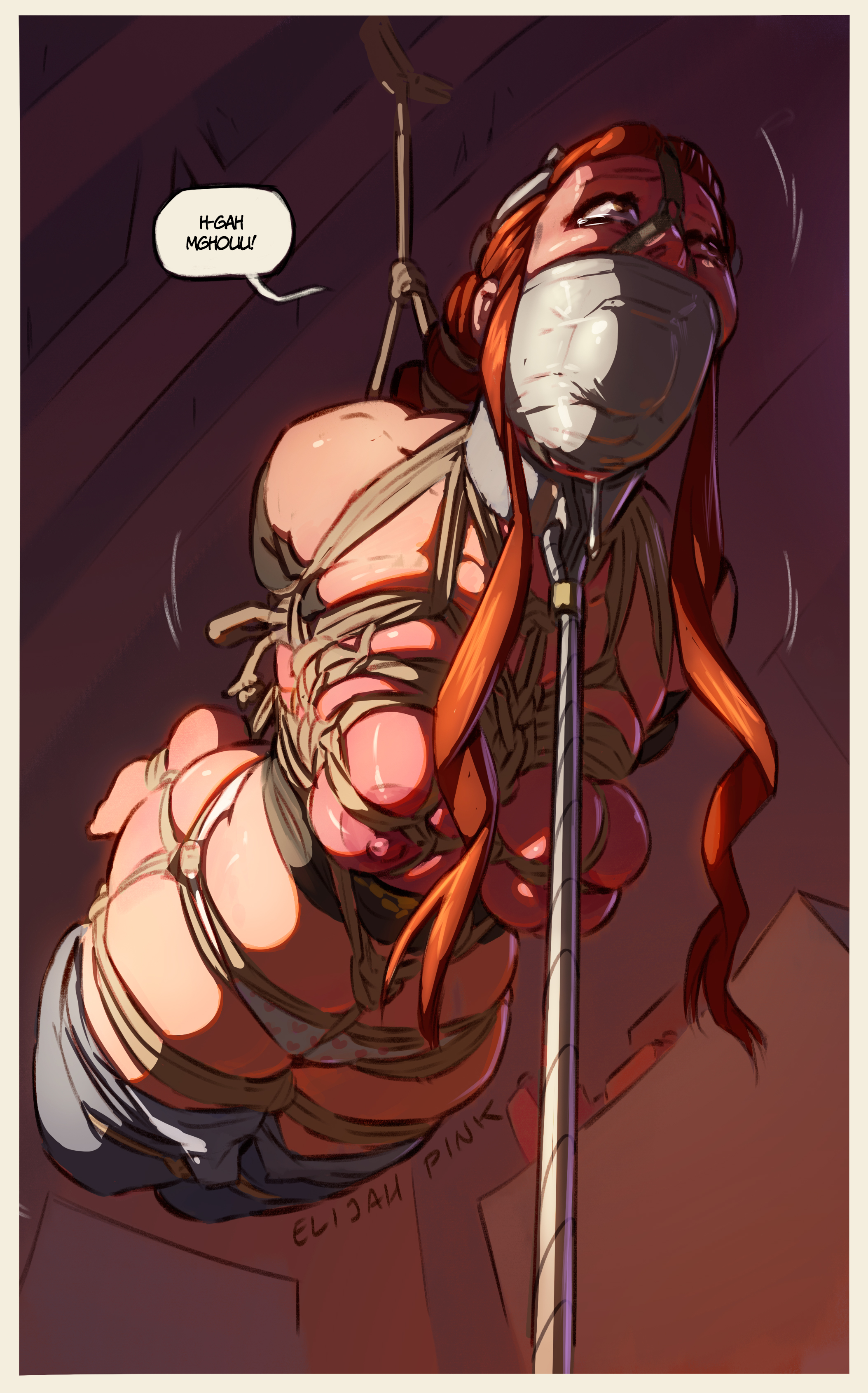 2d, areolae, arms behind back, blizzard entertainment, bondage, bound, breast bondage, breasts, brigitte, collar, elijah pink, female, gag, gagged, gagged speech, helpless, leash, mouth stuffed, nipples, overwatch, panties, red hair, restrained, rope, rope bondage, speech bubble, stuffed mouth gag, suspension, text, tied, tied hair, tied up, watermark