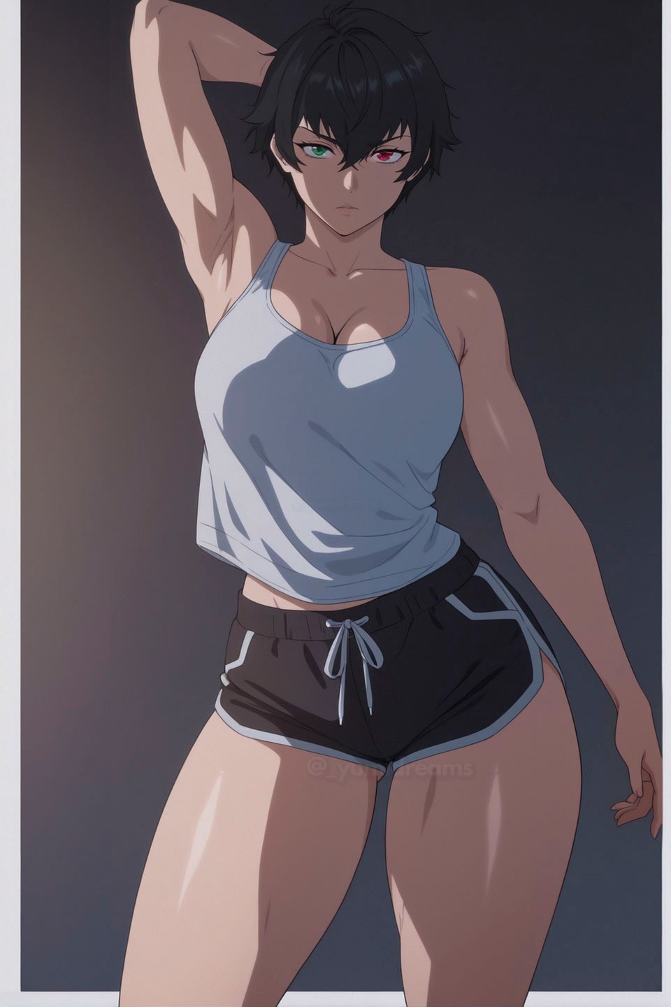  yumidreams, 1girls, ai generated, arm behind head, arm up, armpits, bangs, bare shoulders, black hair, black shorts, breasts, cleavage, collarbone, devil may cry (netflix), devil may cry (series), dolphin shorts, green eyes, hair between eyes, heterochromia, lady (devil may cry:netflix), lady (devil may cry), large breasts, looking at viewer, midriff peek, muscular female, red eyes, short hair, short shorts, shorts, solo, tank top, thick thighs, thighs, tomboy, twitter username