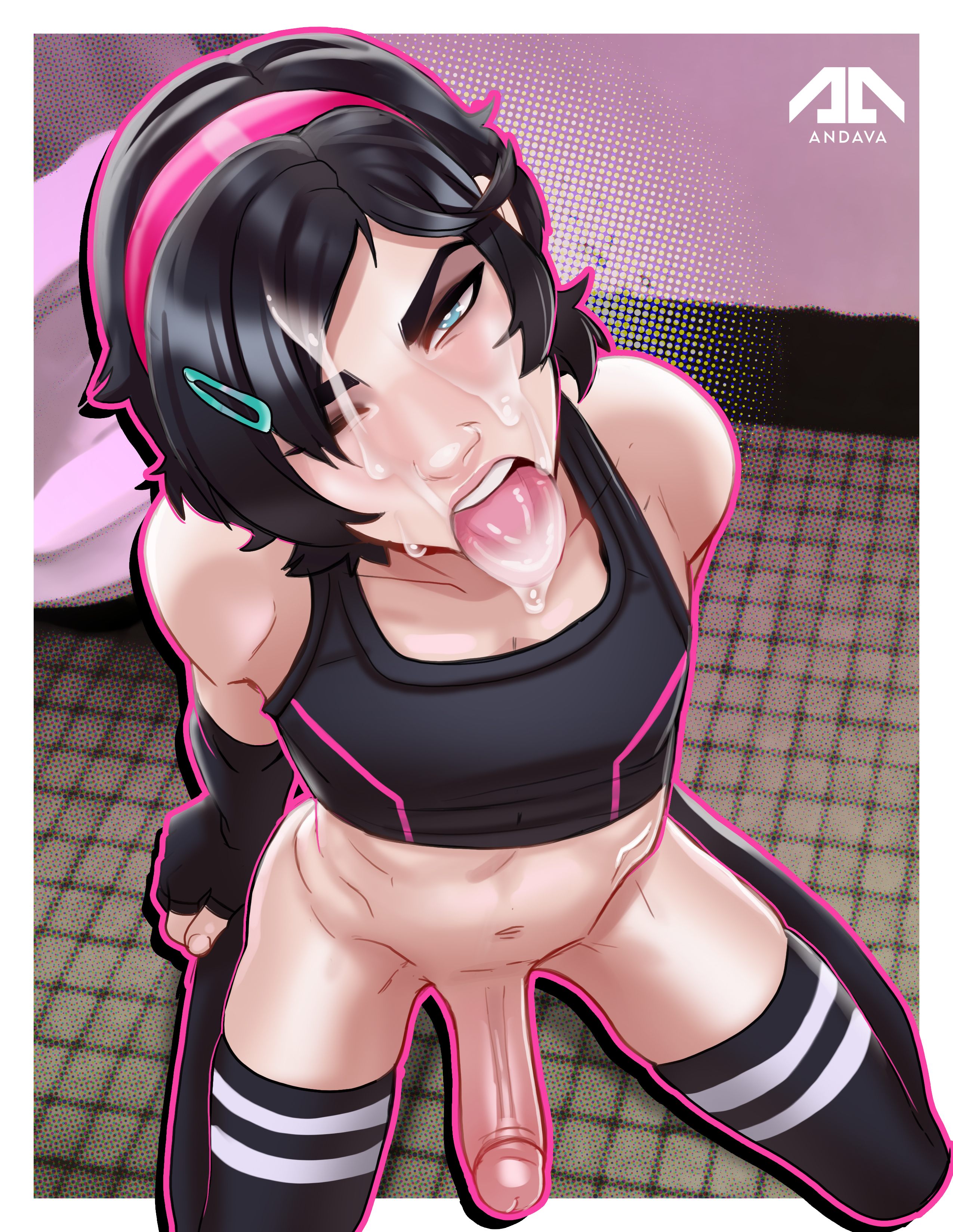 1boy, 2021, alexis (andava), andava, andavaverse, artist name, ass, bathroom, belly button, big penis, black hair, blue eyes, bodily fluids, bottomless, clothed, clothed male, clothing, cum, cum drip, cum in mouth, cum on face, cum on tongue, elbow gloves, erection, femboy, fingerless gloves, front view, genital fluids, genitals, gloves, hair, hairband, hairclip, handwear, hi res, human, kneeling, kneeling on floor, large penis, legs apart, legwear, light skin, light-skinned male, looking at viewer, male, medium hair, navel, on floor, one eye closed, open mouth, original, original character, parted bangs, partially clothed, penis, public restroom, restroom stall, saliva, saliva drip, signature, skindentation, slim, solo, stomach, tank top, teeth, thighhighs, thighs, tongue, tongue out, topwear