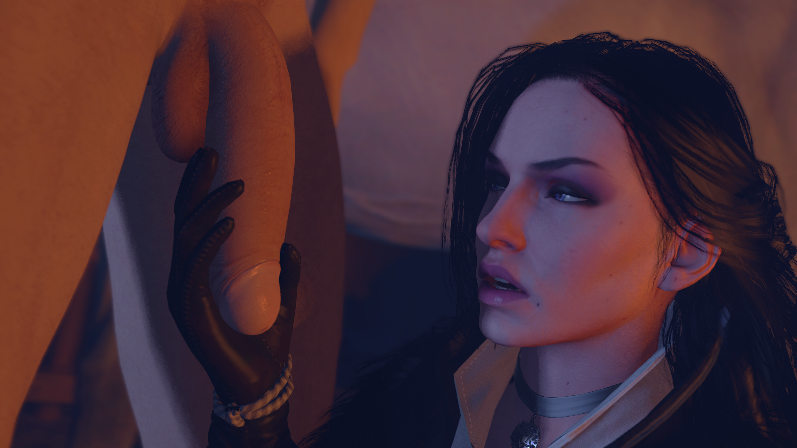1boy, 1girls, 3d, balls, black gloves, black hair, blue eyes, cd projekt red, female, gloved handjob, gloves, hand on penis, handjob, handjob with gloves, holding penis, leather gloves, light skin, light-skinned female, light-skinned male, looking at penis, male, pale skin, pale-skinned female, pale-skinned male, penis, sfmlover22, the witcher (series), the witcher 3: wild hunt, touching penis, yennefer