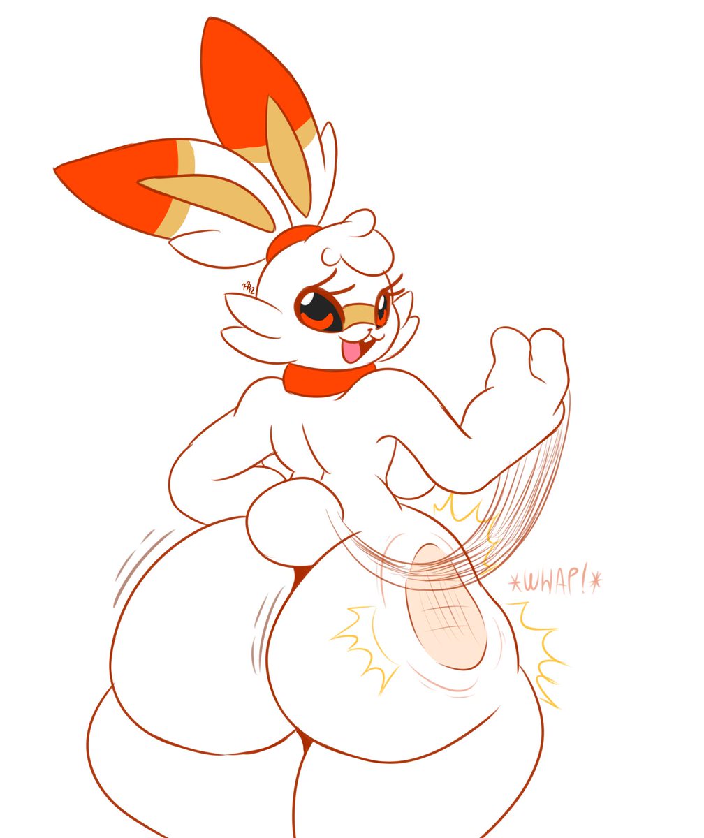 :3, 2019, ambiguous gender, anthro, anthrofied, ass, big ass, big butt, buckteeth, bunny ears, bunny tail, ear, huge ass, huge butt, kirbot12, lagomorph, looking at viewer, looking back, looking behind, mammal, nintendo, open mouth, pokémon (species), pokemon, pokemon (species), pokemon ss, pokemorph, scorbunny, solo, spanking, text, video games, white background, white fur