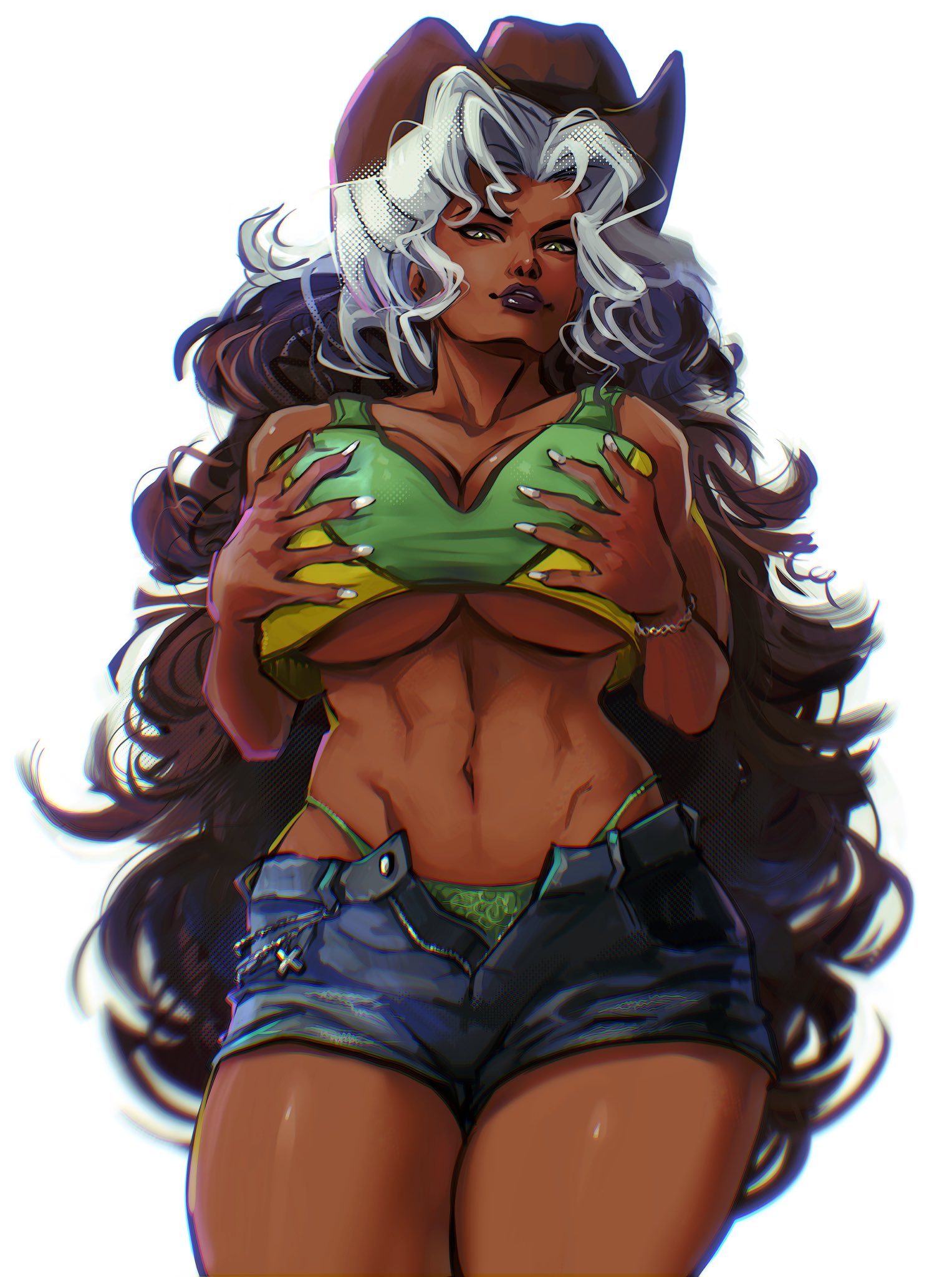 2d, abs, artist request, belly button, big breasts, big hair, braless, breasts, brown hair, brown skin, brown skinned female, cow girl, cowboy hat, cowgirl, crop top, curly hair, dark skin, dark skinned female, denim shorts, female, female only, green eyes, green panties, huge breasts, jean shorts, large breasts, looking at viewer, looking down, marvel, marvel rivals, mutant (marvel), navel, no bra, panties, rogue (marvel rivals), rogue (x-men), shorts, solo, solo female, underboob, unknown artist, voluptuous, voluptuous female, white hair, x-men
