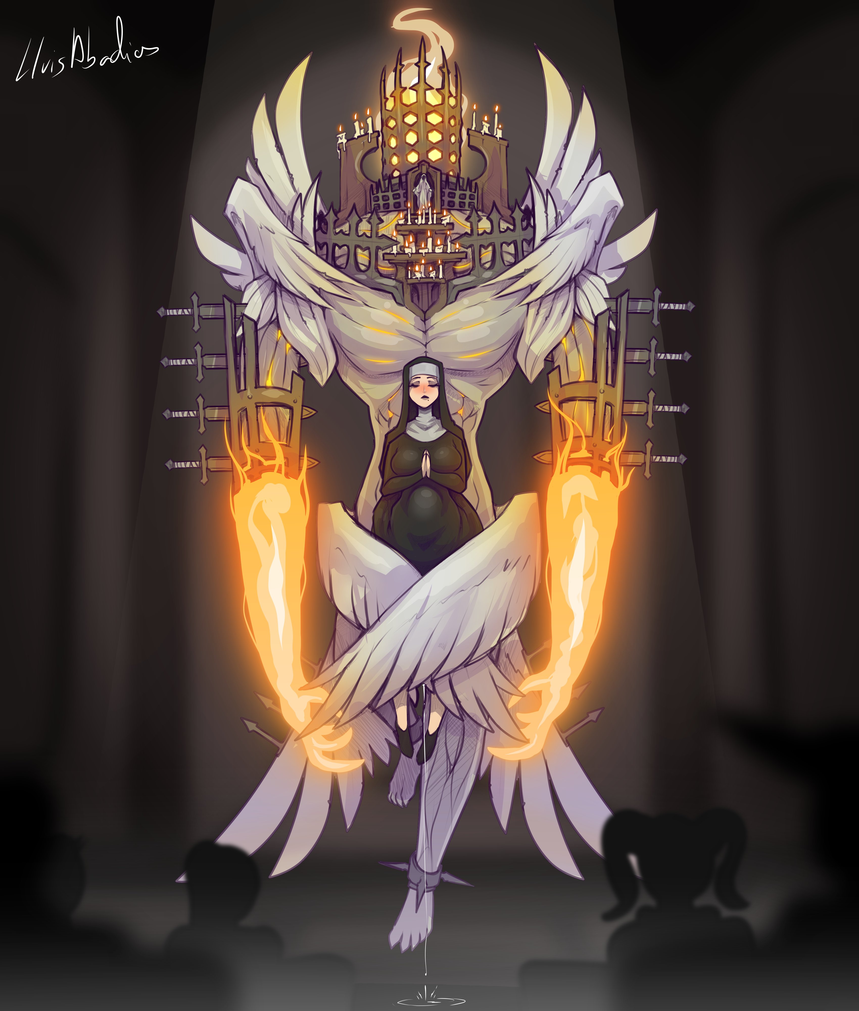 1boy, 1girls, ambiguous penetration, angel wings, audience, biblically accurate angel, big breasts, bodily fluids, clothed, clothed female, clothed sex, color, colored, eyes closed, feathered wings, feathers, huge cock, implied penetration, implied sex, larger male, light skin, light-skinned female, lipstick, lluisabadias, mole, mole under mouth, monster, monster boy, monster on female, monsterfucker, monsterfucking, nun, nun outfit, nun's habit, original, original character, original characters, praying, praying hands, public sex, religion, religious clothing, size difference, smaller female, stomach bulge, suspended on penis, teratophilia, wings