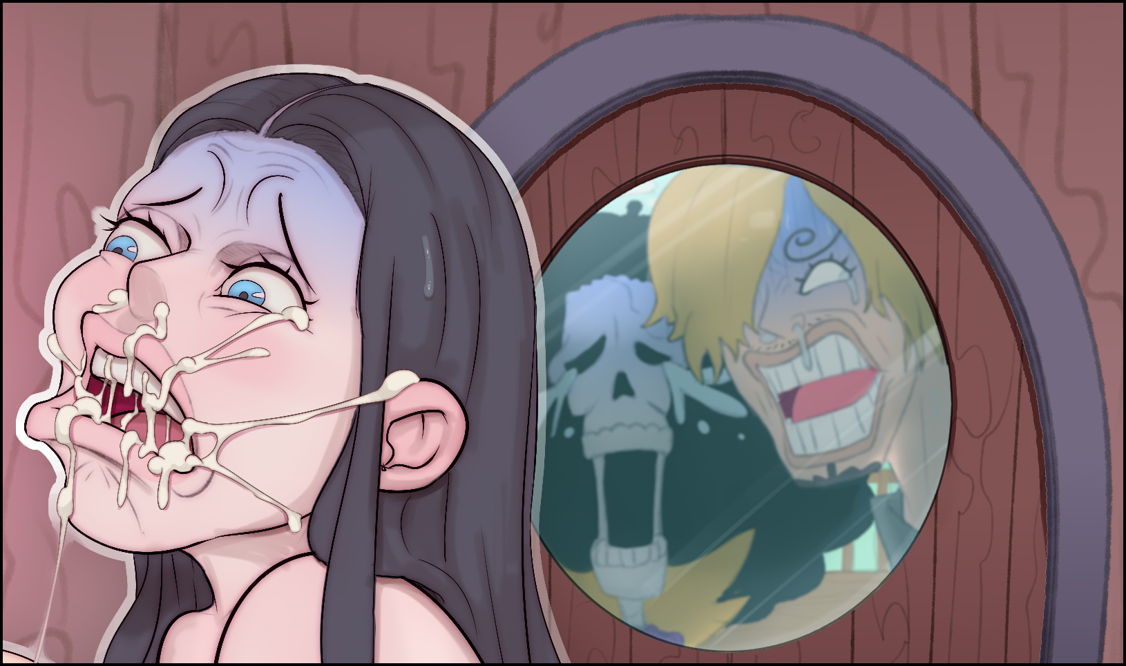 1girl, 2boys, black hair, blue eyes, brook (one piece), cropped, cropped image, cum, cum in mouth, female, male, nico robin, nomad reverse, one piece, sanji, sanji (one piece), shocked, shocked expression
