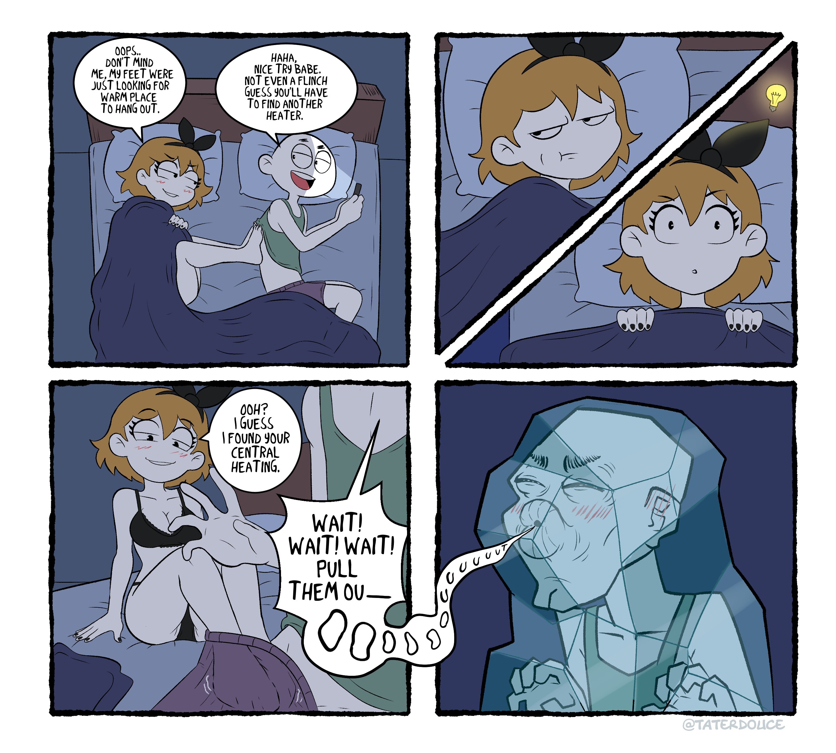 1boy, 1girls, bed, bedroom, blanket, blush, blushing, bra, comic, derpina, feet, feet on penis, frozen solid, funny face, in bed, light bulb, lightbulb, looking at phone, meme, night, on phone, panties, tagme, tank top, taterdouce, text, text bubble