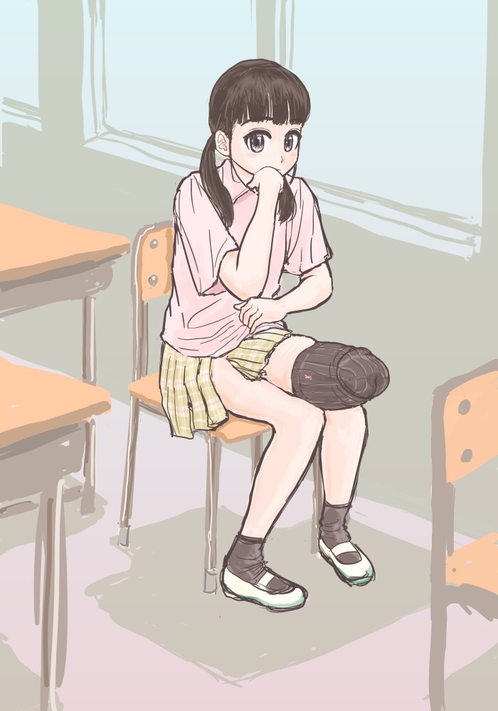 casual classroom clothing cock_sleeve erection footwear futa_only futanari genitalwear huge_cock huge_penis human intersex merotoron pale_skin penis school_uniform schoolgirl