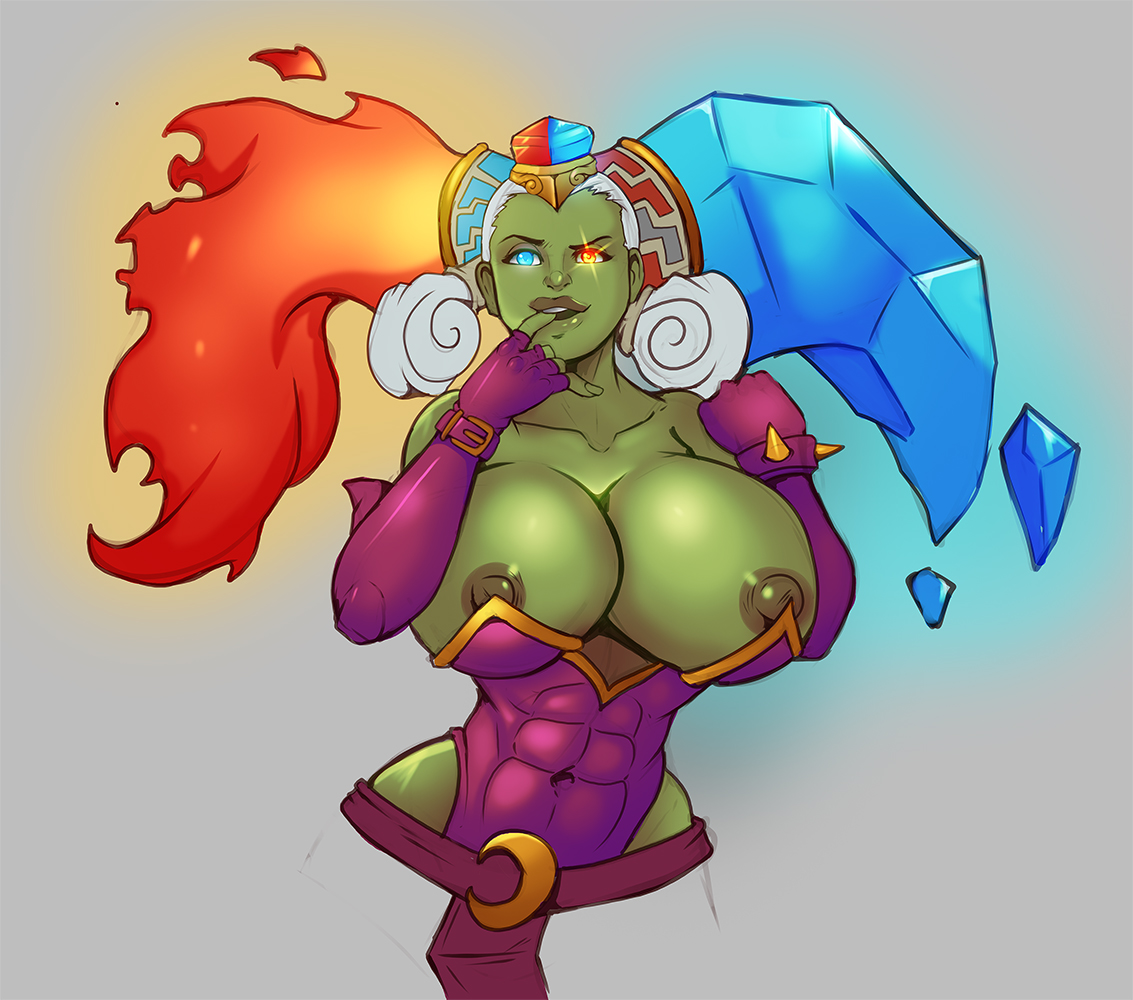 abs, areolae, belt, big lips, big nipples, blue eyes, bracelet, breasts, cleavage, collarbone, covered navel, curvy, elbow gloves, female, female only, finger to mouth, fingerless gloves, fire hair, front view, gerudo, gloves, glowing eyes, green skin, grey background, heterochromia, huge breasts, humanoid, ice hair, jewel, markydaysaid, muscles, muscular, muscular female, nintendo, nipple slip, nipples, ocarina of time, orange eyes, sidelocks, simple background, solo, spiked bracelet, the legend of zelda, twinrova, twintails, upper body, white hair
