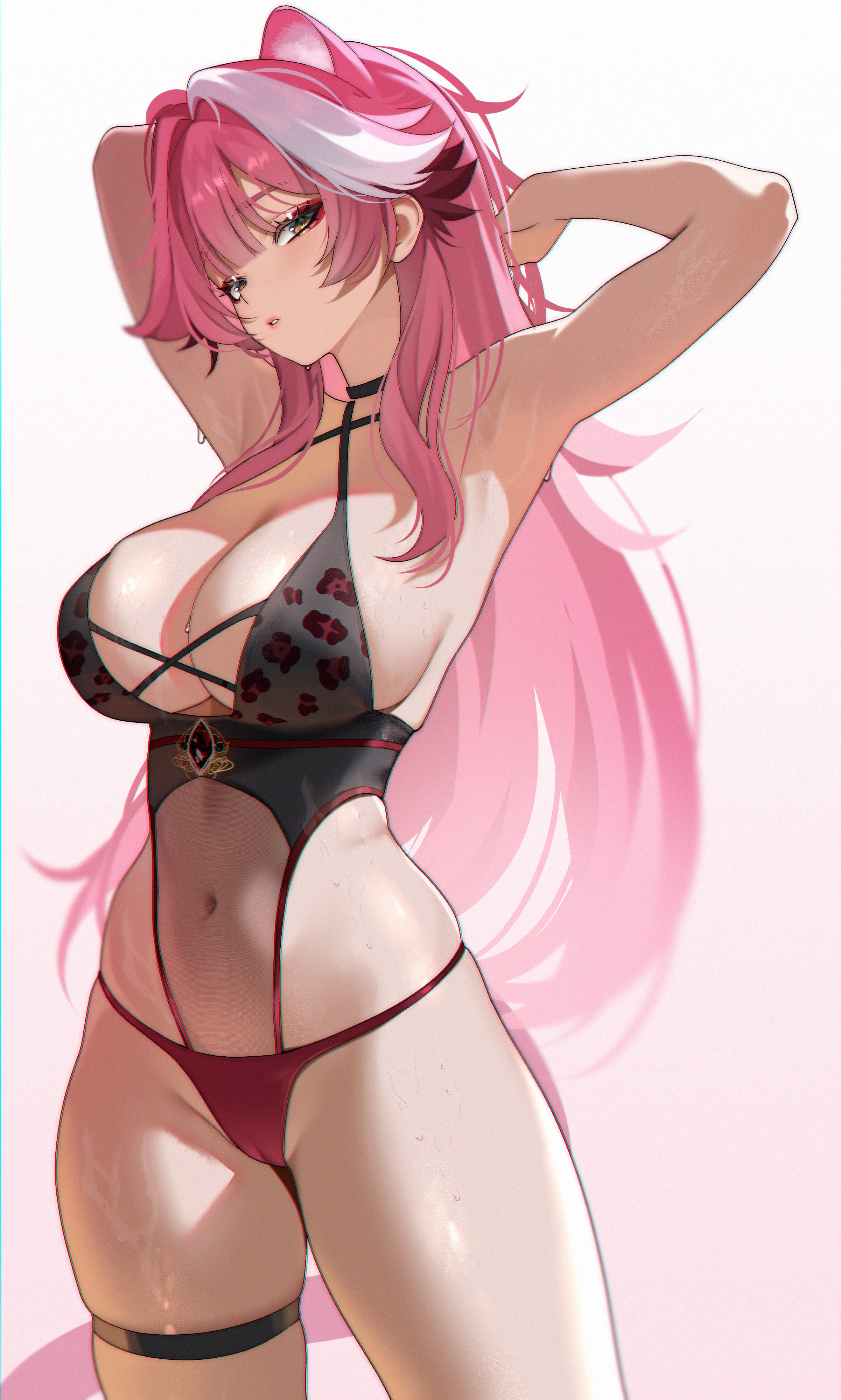 1girls, absurd res, animal ears, arm behind head, armpit, arms behind head, arms up, big breasts, bikini, bikini strap, blush, breasts, cat ears, cat humanoid, cat tail, choker, cleavage, clothed, clothed female, eye shadow, eyeshadow, female, hair, hair intakes, hair vents, hi res, hips, hololive, hololive english, hololive english -justice-, inner sideboob, kemonomimi, large breasts, leopard ears, leopard print, long hair, looking at viewer, make up, monokini, mouth open, multicolored hair, navel, navel visible through clothes, pink hair, posing, raituna, raora panthera, red eyeshadow, sheer, shiny skin, sideboob, simple background, small mouth, sultry eyes, sweat, sweaty, swimwear, tail, teeth, thick thighs, thigh strap, thighs, underboob, vagina peek, virtual youtuber, water, wet, white background, white hair, white streak, wide hips