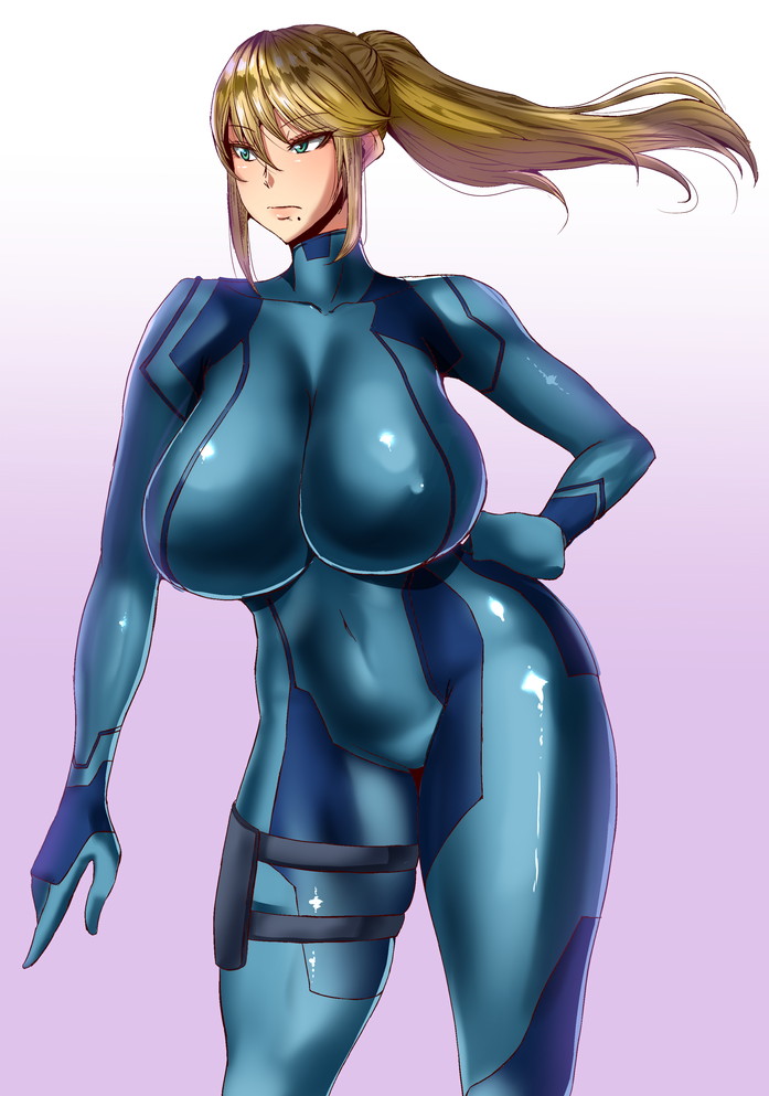 1girls blonde_hair blue_eyes bodysuit breasts eyebrows_visible_through_hair female gradient_background hand_on_hip holster huge_breasts long_hair metroid mole mole_under_mouth mucc nintendo ponytail samus_aran sidelocks skin_tight solo tight_clothing zero_suit_samus