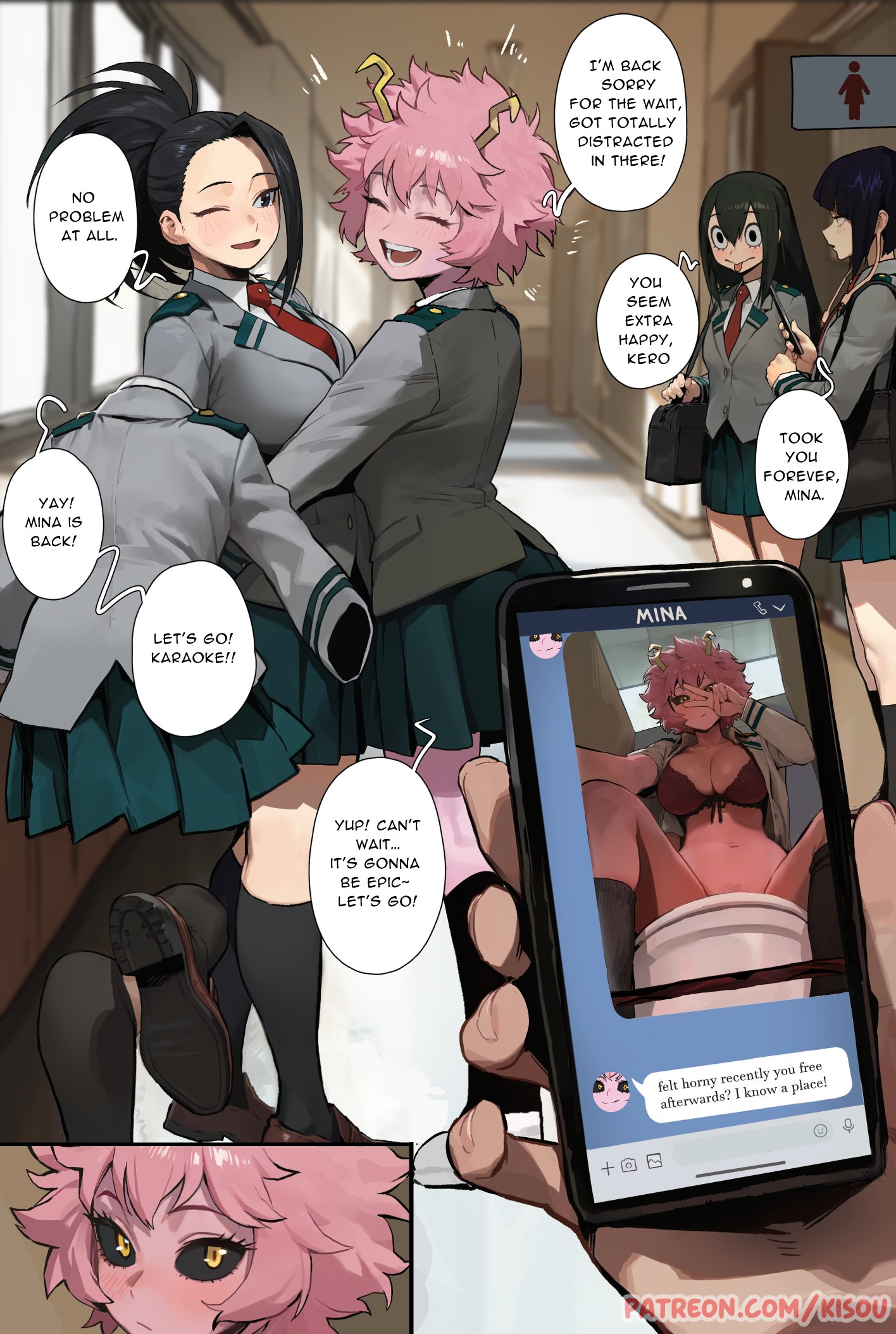 big breasts, black hair, blue hair, blushing, boku no hero academia, bra, cellphone, chat, green hair, happy, horny, invisible girl, invitation, jirou kyouka, kisou, kyoka jiro, looking at viewer, mina ashido, momo yaoyorozu, my hero academia, open shirt, pink hair, presenting, red bra, school, school uniform, selfie, sexy selfie, smile, teenager, toilet, tooru hagakure, tooru hagakure (invisible), tsuyu asui, victory pose