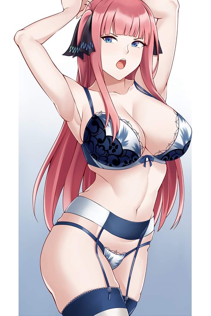 1girls, armpits, arms behind back, arms up, aslindsamure, bangs, black ribbon, blue bow, blue bra, blue eyes, blue lingerie, blue panties, blue stockings, blue underwear, blunt bangs, bow, bra, breasts, buttons, cleavage, female, g-string, garter belt, go-toubun no hanayome, gradient, gradient background, hair ornament, hair ribbon, large breasts, light skin, lingerie, long hair, looking at viewer, mostly nude, nakano nino, open mouth, panties, red hair, redhead, ribbon, shaved armpit, simple background, solo, standing, stockings, stomach, thighhighs, thighs, underwear, very long hair, white background, white legwear