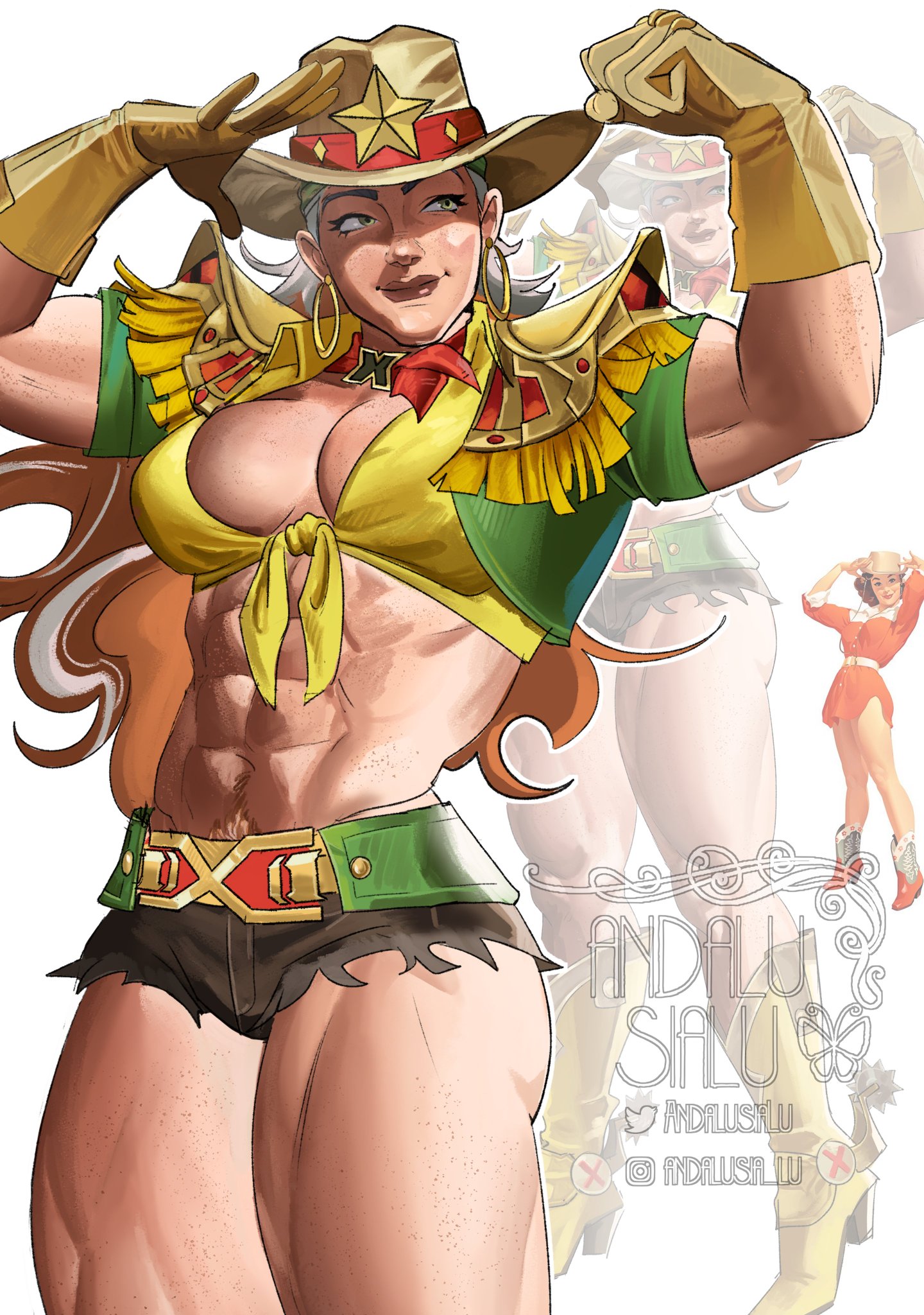 2d, abs, andalusialu, belly button, biceps, big breasts, booty shorts, breasts, brown hair, carpet matching drapes, cleavage, cow girl, cowboy hat, cowgirl, female artist, flexing, flexing bicep, gloves, happy trail, jean shorts, large breasts, marvel, marvel rivals, midriff, muscular, muscular female, mutant (marvel), navel, pubic hair, pubic hair peek, rogue (marvel rivals), rogue (starlit rebel), rogue (x-men), short shorts, shorts, solo, thick, thick thighs, thighs, tied shirt, white hair, x-men