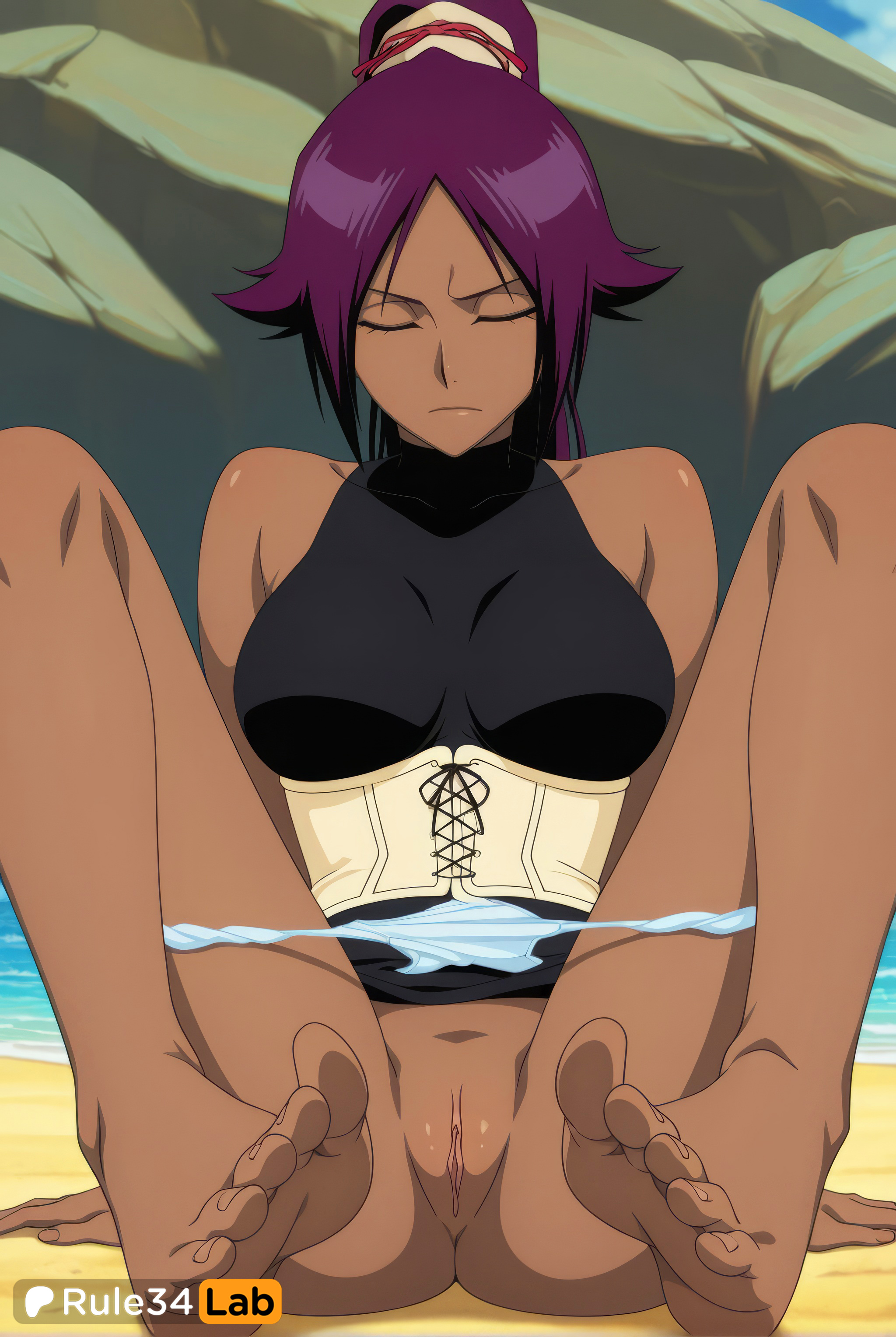 1girls, ai generated, bare shoulders, barefoot, beach, bleach, bleach: the thousand-year blood war, breasts, closed eyes, corset, dark skin, dark-skinned female, feet, female human, hi res, large breasts, long hair, outdoors, panties, panty pull, ponytail, purple hair, pussy, rule34lab, shihouin yoruichi, sitting, soles, solo, spread legs, striped clothes, striped panties, toes, uncensored, underwear