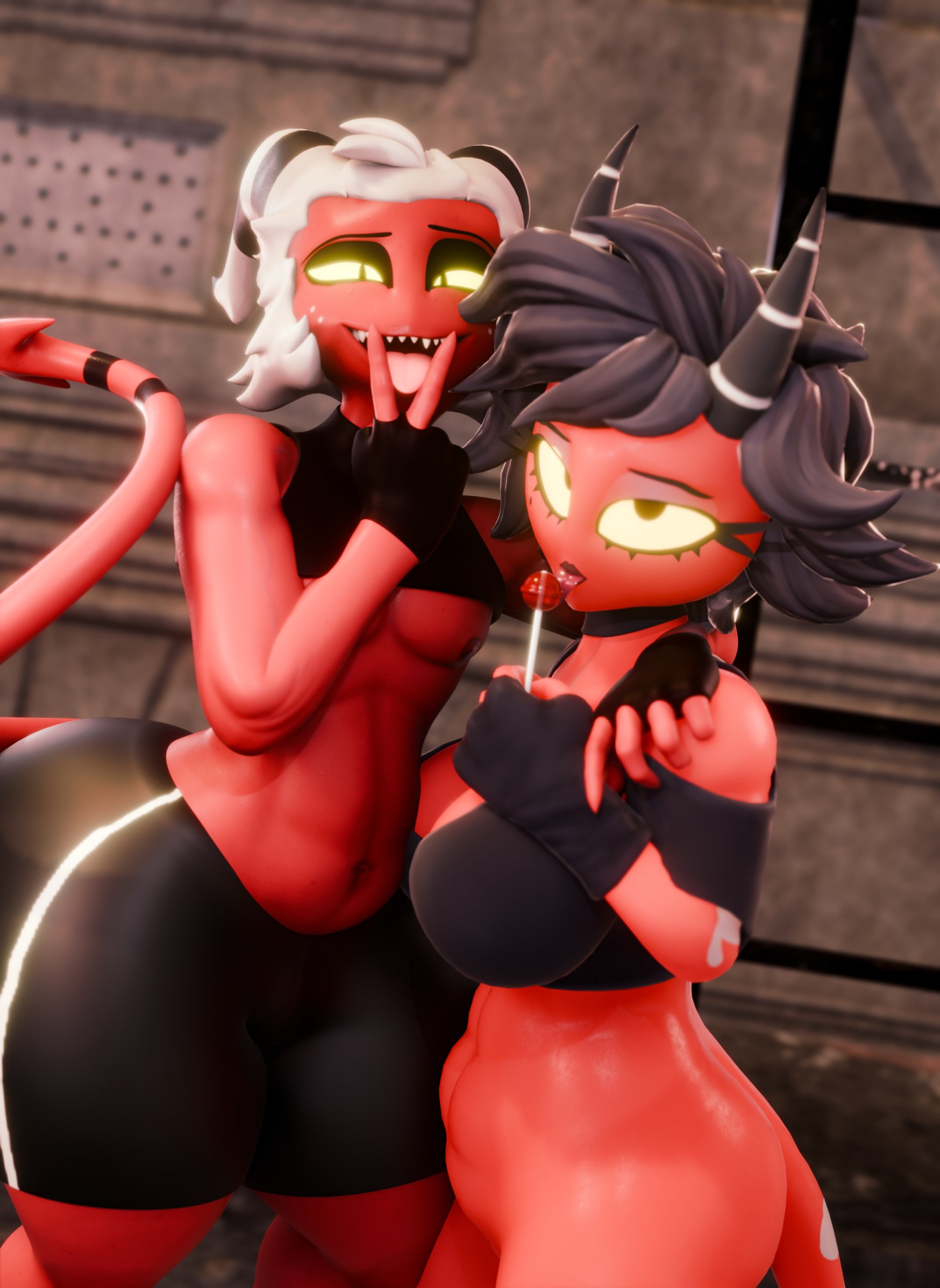 3d, 3d (artwork), alley, blender, chubby, chubby female, chubby male, clothed, couple, doomfella, eyeshadow, female, femboy, gay, hellaverse, helluva boss, homosexual, homosexual male, horns, licking fingers, licking lollipop, lollipop, looking at viewer, male, male penetrated, male/female, male/male, millie (helluva boss), moxxie (helluva boss), red body, suggestive, suggestive look, tongue out, yellow eyes