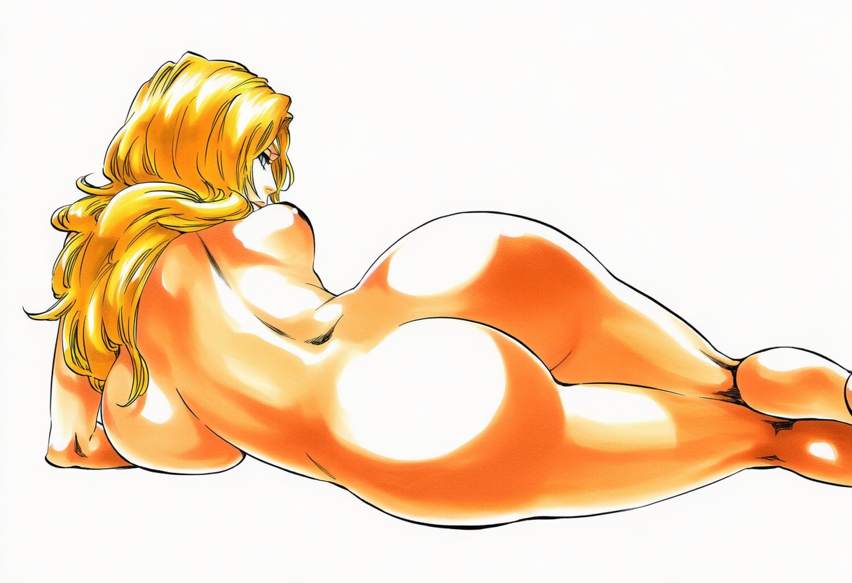 1:1, 1girls, 2d, accurate art style, accurate body type, ai generated, arm support, ass, ass crack, ass focus, back, back view, backboob, bare arms, bare ass, bare back, bare shoulders, big ass, big breasts, bleach, blonde hair, blue eyes, breast press, breasts, breasts bigger than head, busty, busty female, butt, butt crack, cel shading, completely nude, completely nude female, curvaceous, curvy, digital media, elbow rest, feet out of frame, female, female focus, female only, from behind, full color, glossy body, hair over shoulder, head turned, high resolution, highres, huge breasts, kneepits, large ass, large breasts, legs, legs together, light skin, light-skinned female, line art, long hair, looking at viewer, looking back, looking back at viewer, looking over shoulder, lying, lying on side, manga style, matsumoto rangiku, mature female, mole, mole under mouth, naked, naked female, nude, nude female, official style, on side, orange hair, propped up, rear view, shiny hair, shiny skin, simple background, solo, solo female, solo focus, thick ass, tite kubo style, viewed from behind, voluptuous, voluptuous female, waifu, warm colors, warm lighting, wavy hair, white background, wide hips