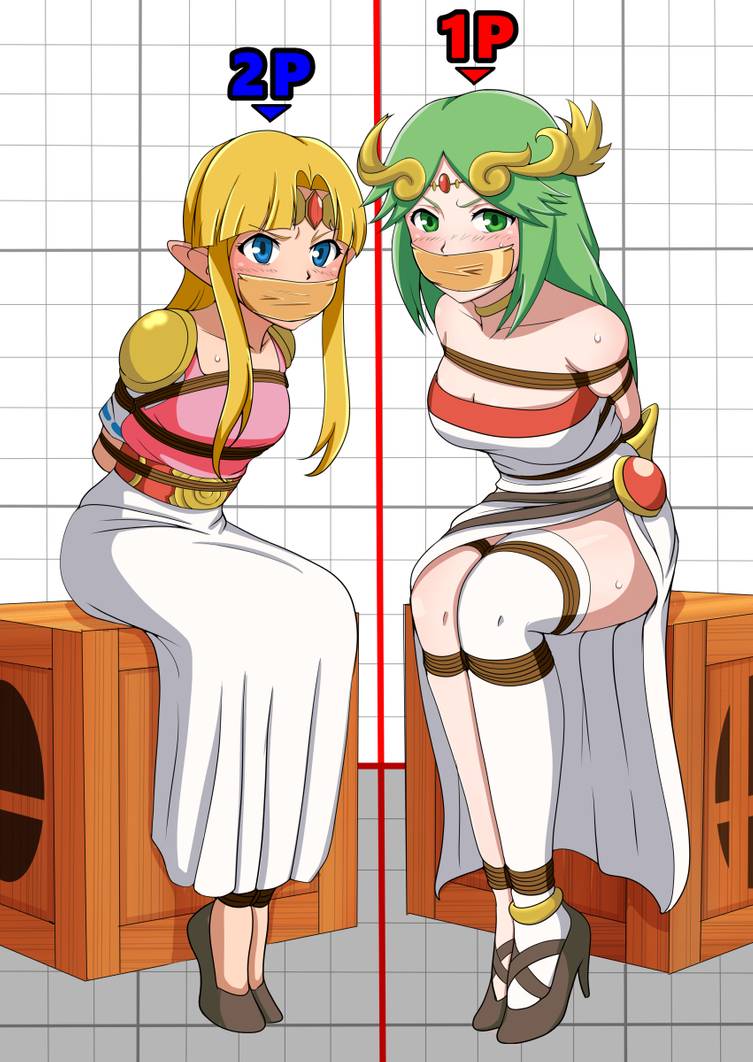 2girls, a link to the past, angry, arms behind back, blue eyes, bondage, breast harness, breast size difference, breasts, female, femsub, fully clothed, gag, gagged, goddess, green eyes, green hair, harusame, high heel sandals, high heels, kid icarus, long hair, mismatched legwear, multiple females, multiple girls, multiple subs, nintendo, palutena, princess zelda, rope, rope bondage, sandals, super smash bros., tape, tape gag, taped mouth, the legend of zelda, thighhighs, thighs, tied up, zelda (a link between worlds), zelda (a link to the past)