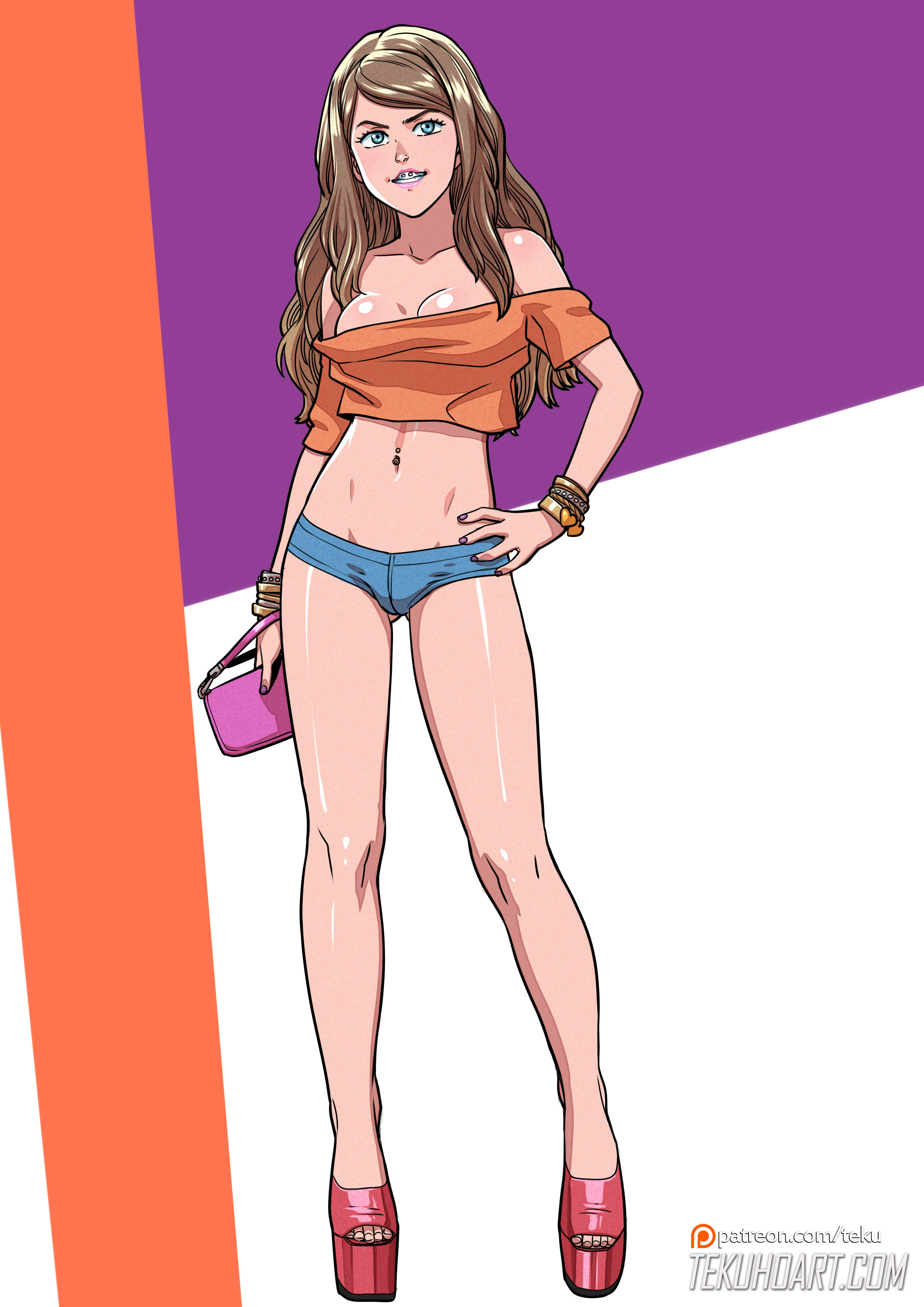1girls, 2019, abs, absurd res, aqua eyes, bare legs, bare midriff, bare shoulders, belly, belly piercing, blue eyes, bracelet, braces, breasts, brown hair, brunette, cleavage, clothed, clothing, color, crop top, denim shorts, eyebrows, eyelashes, female, female only, footwear, front view, hand on hip, handbag, high heels, high res, human, jewelry, kneehighs, light skin, lipstick, long hair, makeup, medium breasts, midriff, nail polish, naughty face, navel, open toe shoes, original character, patreon, petite, pink lipstick, pink nails, platform heels, pose, posing, revealing clothes, sexually suggestive, shiny skin, short shorts, shorts, skimpy, smile, smiling, smirk, solo, standing, tammy (tekuho), teenager, teeth, tekuho, text, thighs, url, watermark, wavy hair, young