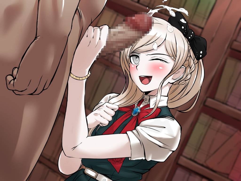 1boy, akizora, belt, big penis, black ribbon, blonde hair, blush, censored, clothed, cum, cum on face, cumshot, danganronpa, danganronpa 2: goodbye despair, dark skin, dark-skinned male, female, grey eyes, happy, long hair, looking at penis, male, open mouth, penis, penis grab, princess, ribbon, smooth skin, sonia nevermind, unseen male face, white belt, wink