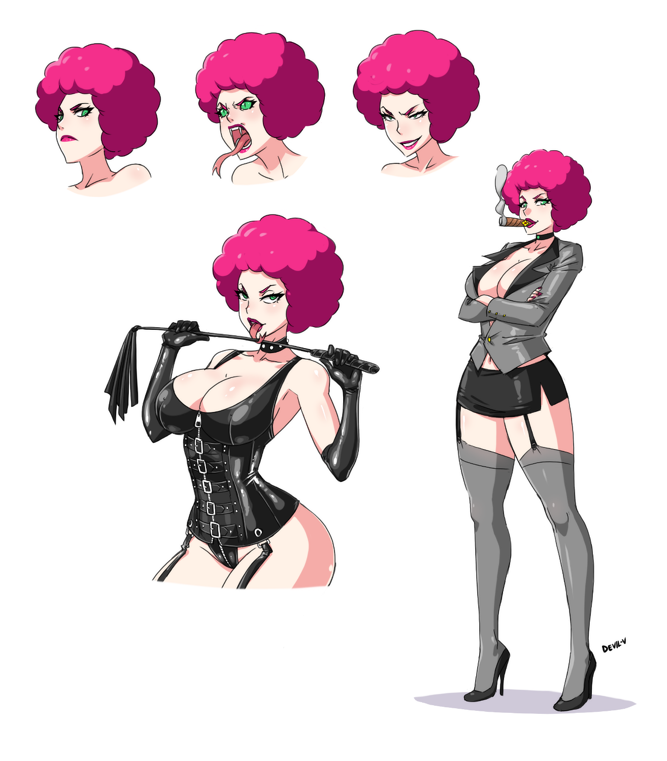 afro, breasts, clown, devil-v, female, highres, large breasts, original, pink hair, riding crop, snake tongue, tongue, tongue out