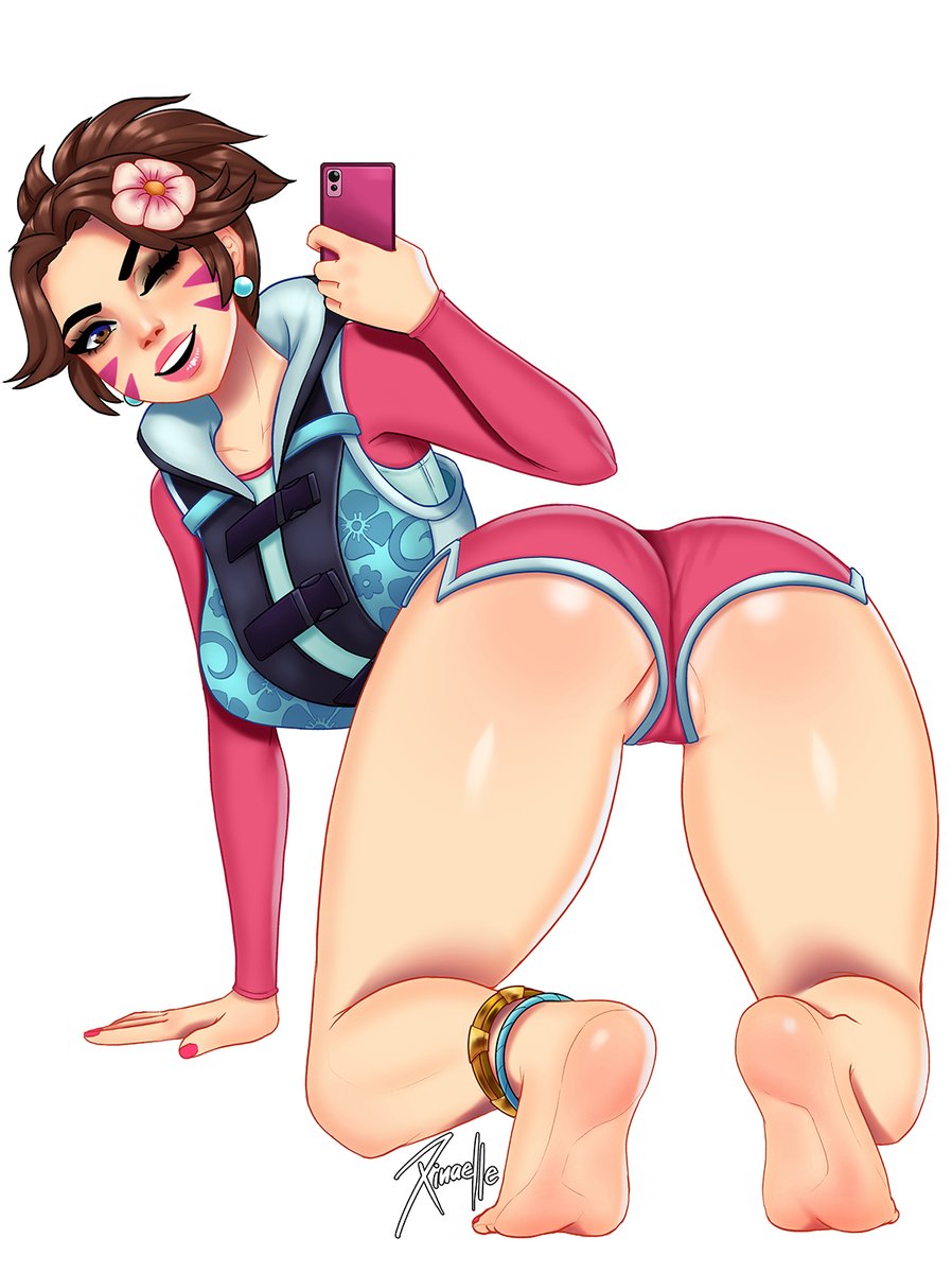 1girls 2019 alternate_costume ass bad_anatomy bikini_shorts brown_eyes brown_hair d.va feet female female_only legs life_jacket lipstick overwatch pink_toenails rash_guard selfie short_shorts simple_background solo waveracer_d.va xinaelle